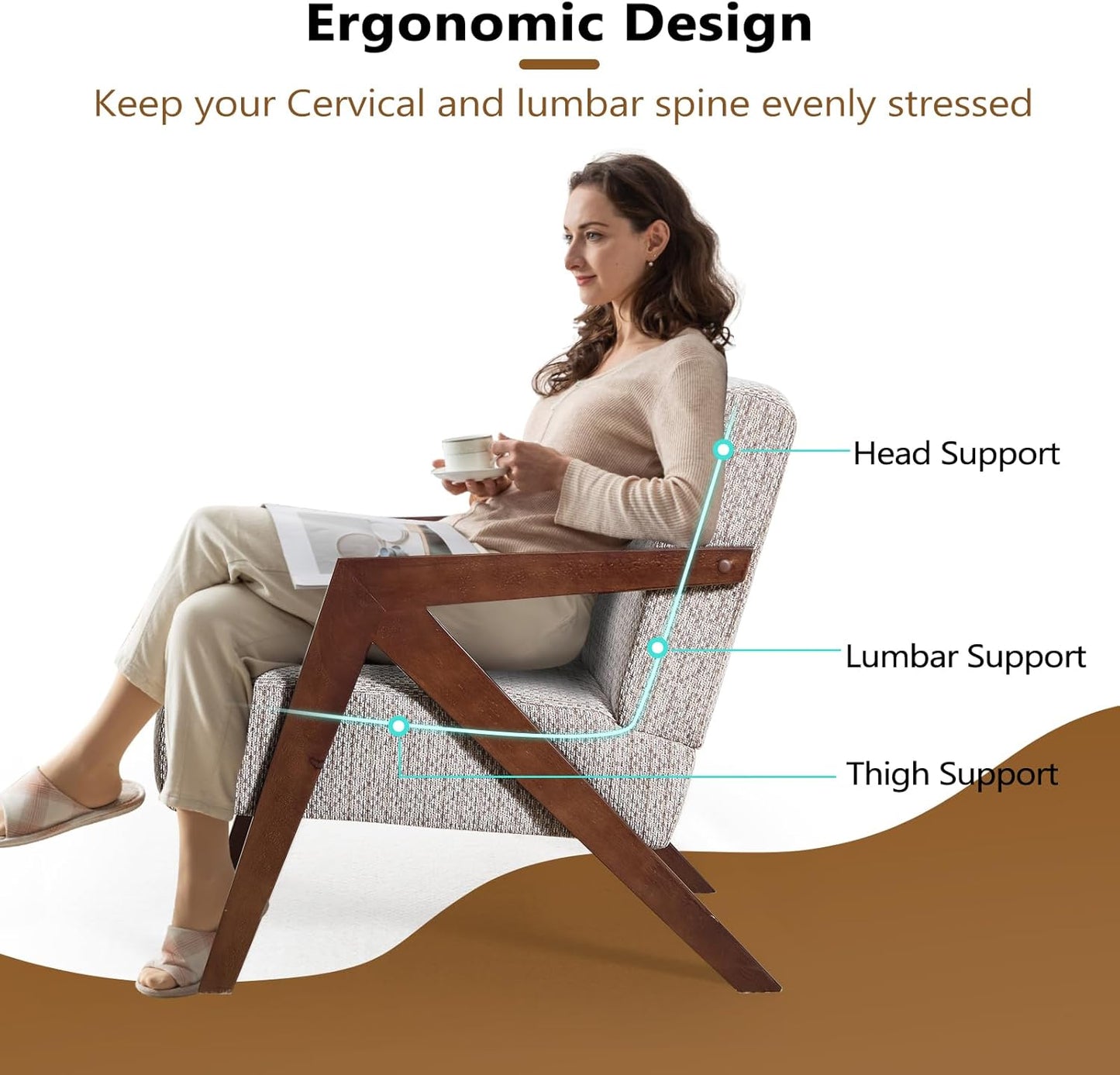 Bonzy Home Mid-Century Modern Accent Chair Set of 2 with Solid Wood Frame, Upholstered Armchair for Bedroom & Living Room,Reading Side Chair with Soft Lien Fabric Cushion,Easy Assembly,Beige