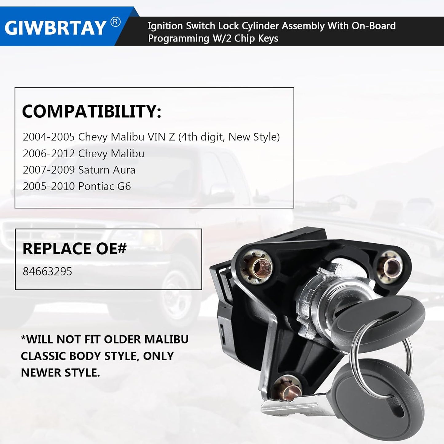 Compatible with Chevy Malibu 2004-2012, Pontiac G6 2005-2010, Saturn Aura 2007-2009 Ignition Switch Lock Cylinder Assembly with 2 Chip Keys with On-Board Programming 84663295