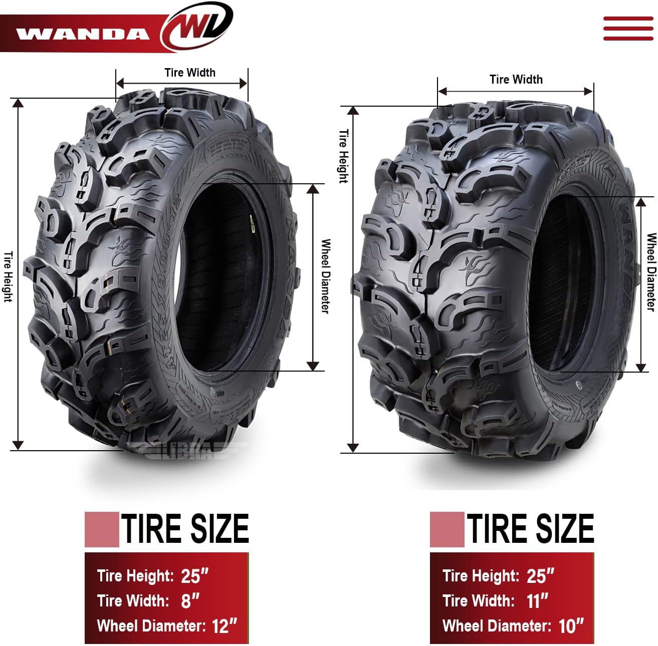 WANDA Full Set Super Lug Mud ATV tires 25x8-12 & 25x11-10 fit for 99-02 Kawasaki Prairie KVF300/400