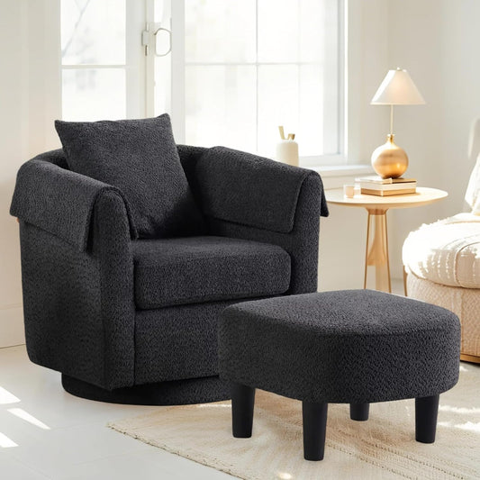 360 Swivel Accent Chair with Ottoman Set, Modern Chenille Barrel Armchair for Living Room, Comfy Reading Chair with Footrest & Removable Pillow & 2 Armrest Covers, Sofa Seat for House/Office(Black)