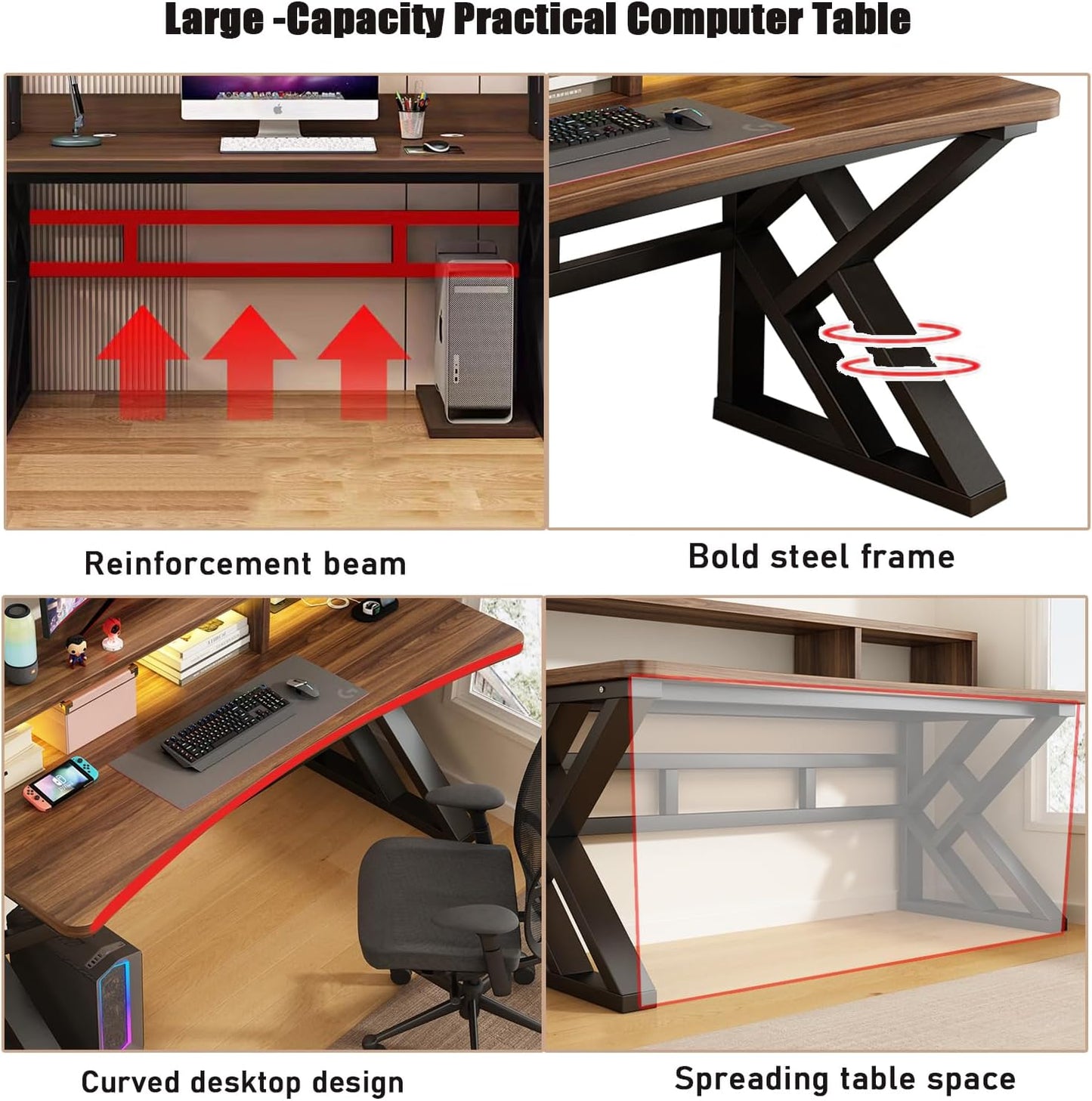 Writing Computer Desk 39.3 Inch, Gaming Desk with Desktop Monitor Stand, Ergonomic Home Office Desk Workstation, Modern Writing Study Desk with Built-in Power Strip (Walnut, 39.3")