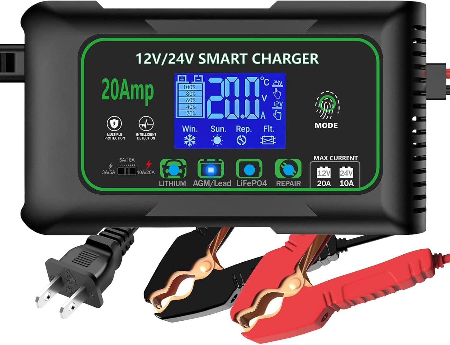 26 Amp Battery Charger, 6V/12V/24V Lithium LiFePO4 Lead Acid Smart Car Battery Charger, Automotive Maintainer Trickle Charger for Car, SUV, Motorcycle, Boat, Lawn Mower