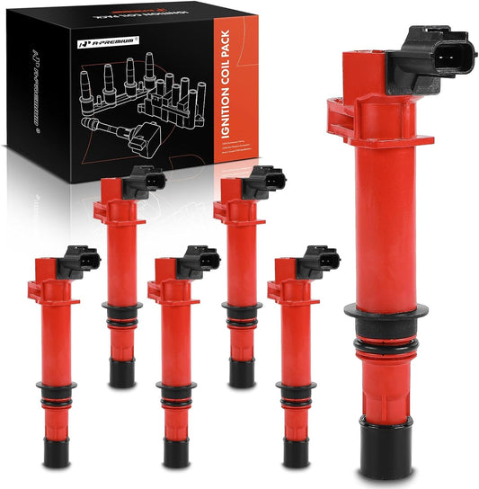 A-Premium (Red) Engine Ignition Coil Pack Compatible with Dodge Ram 1500 2002-2008, Dakota 2004-2008 & Jeep Grand Cherokee, Liberty & Mitsubishi Raider, V6 3.7L 3.9L, Replace# 56028138, 6-PC Set