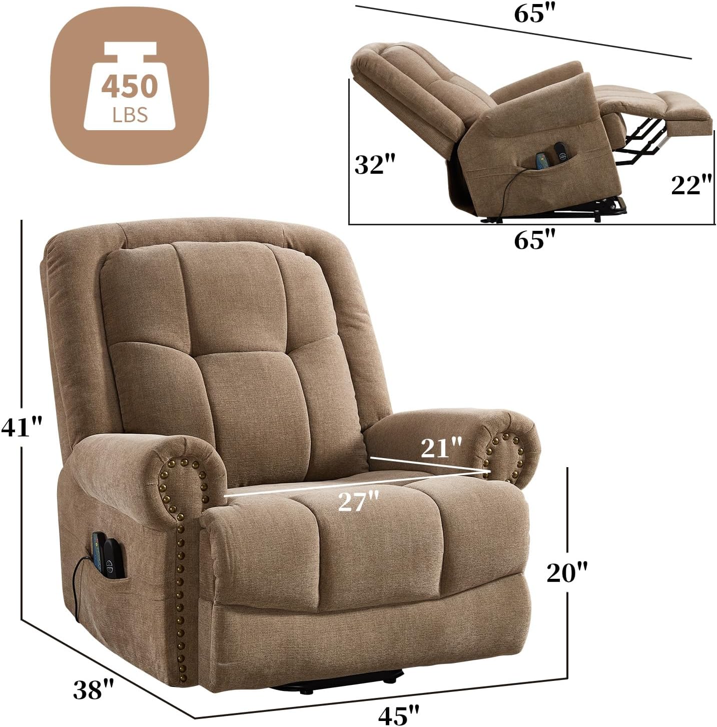 CANMOV 46" Wide Power Lift Recliner Chair for Elderly, Extra Large Electric Recliner, with Massage and Heat, Antiskid Fabric Recliner, USB Charger & Side Pockets, for Living Room, Brown