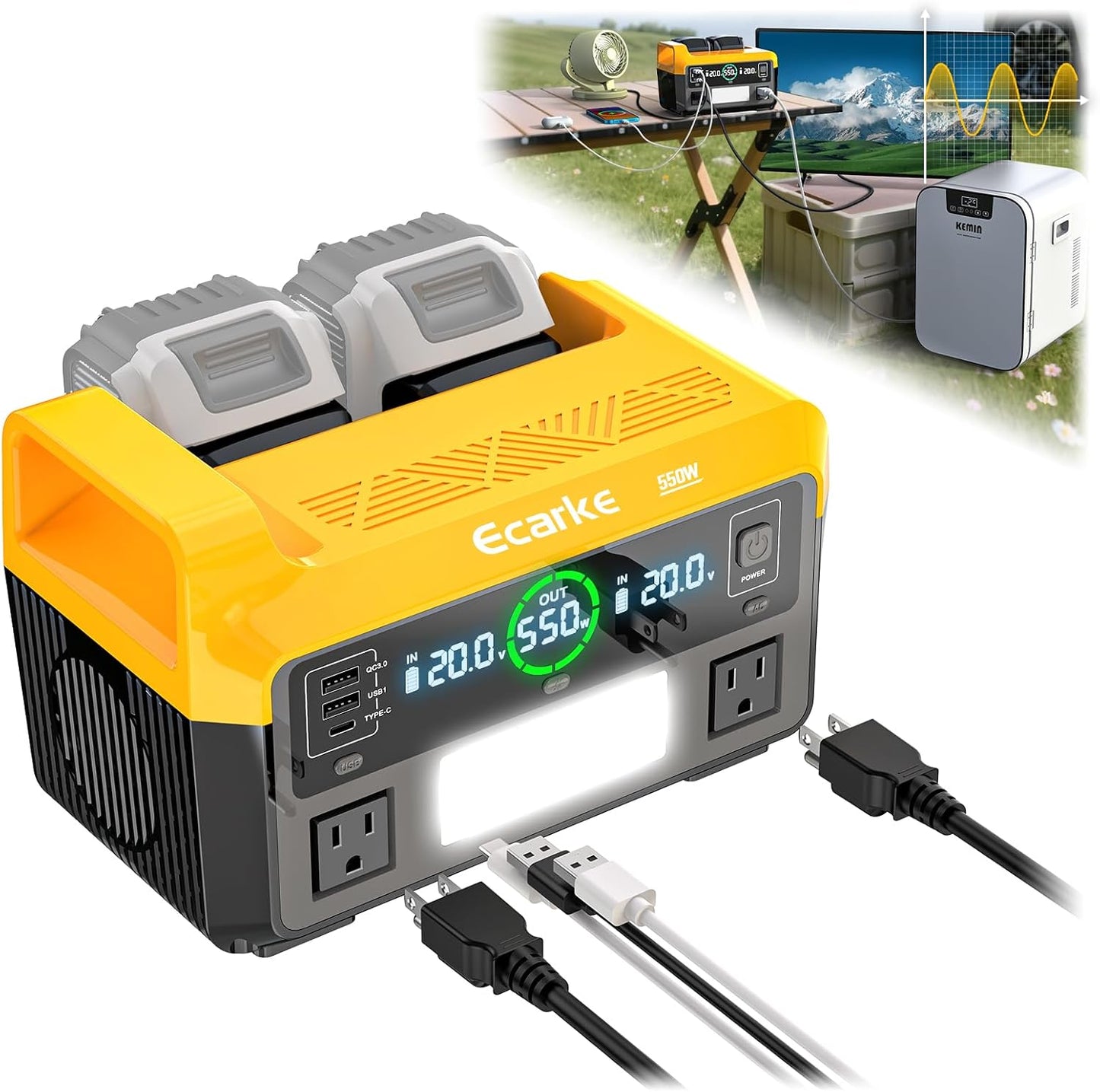 350W Power Inverter Compatible with DeWalt 20V Batteries: Ecarke Portable Power Outlet 2 AC Outlets 2 USB Phone Charger 2 Type-C, Generator DC 18V to AC 110V - Battery Adapter LED Light RGB Light