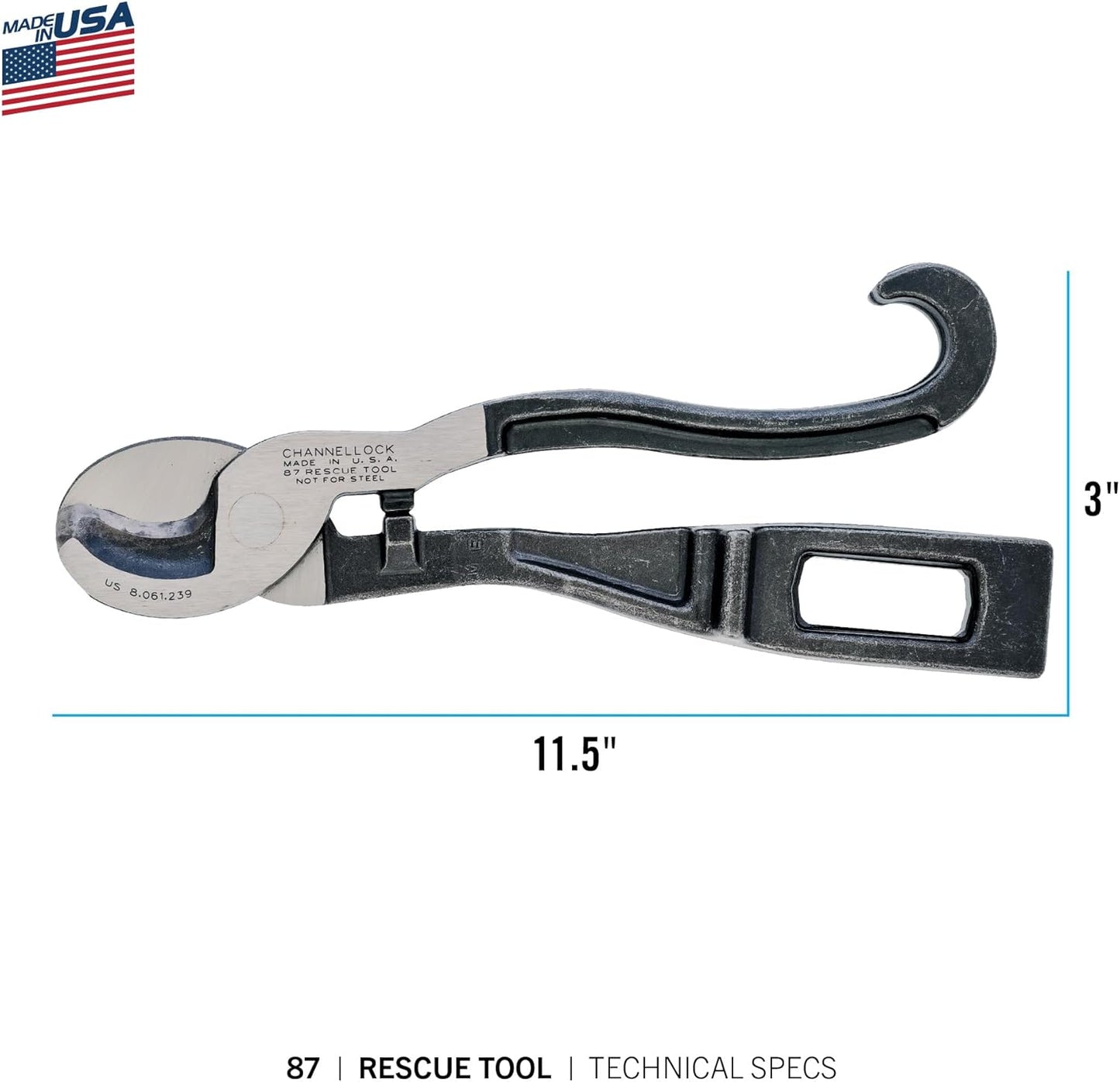Channellock 87 9-inch Rescue Tool for First Responders, Compact Design for Firefighters & EMT Multitool, Spanner Wrench for Easy Access, Alloy Steel Sheers for Cable Cutting, Made in the USA