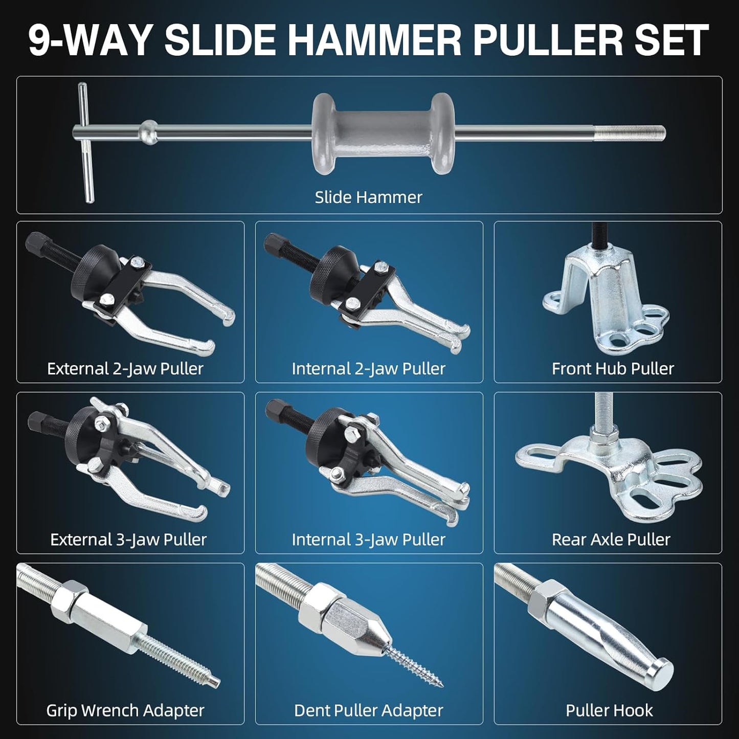 8MILELAKE 9 Way Slide Hammer Puller Axle Front Rear Wheel Bearing Dent Hub Gear Puller Remover Set