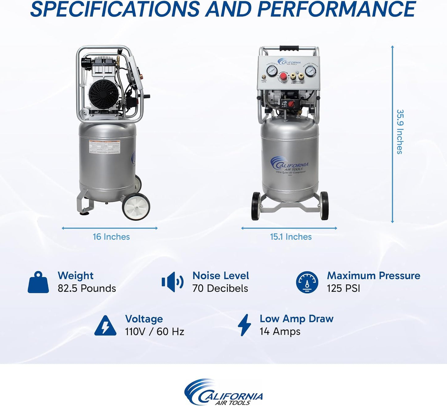 California Air Tools 10020C 2.0 HP Ultra Quiet and Oil-Free Air Compressor, 10 Gallon Steel Tank with Wheels, 70 dBA Noise Level