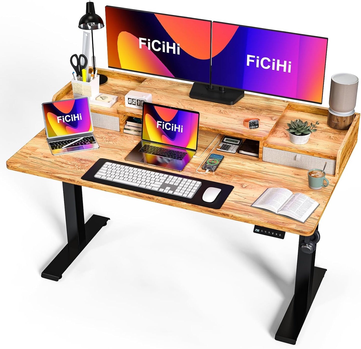 35x20 Inch Standing Desk with Double Drawers, C-Clamp Mount Compatible, Electric Adjustable Height Computer Stand Up Desks, Home Office Sit Stand Table with 3 Preset Heights & 2 Hooks, Black
