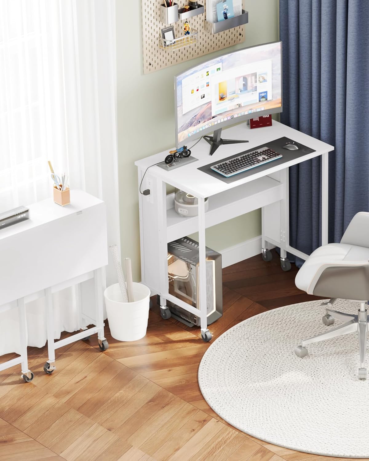 31.5" Modern White Folding Computer Desk with Power Outlets, Wheels, Storage, Perfect for Small Spaces White TDN01UWB