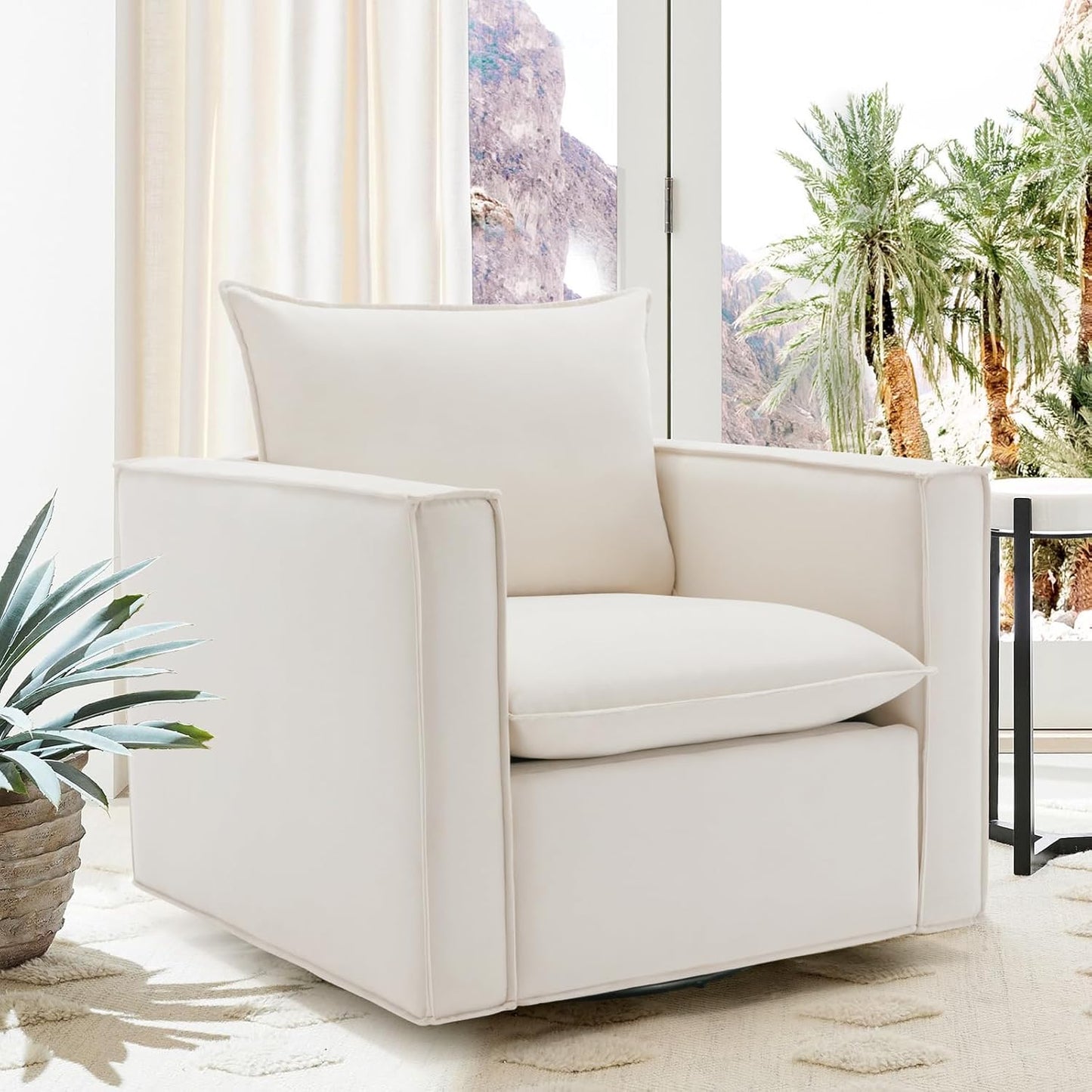Swivel Accent Chair, 34 Inches Wide Upholstered Arm Chair with Plump Back Pillow, Modern Sofa Living Room Chair for Bedroom, Corner, Reading Nook-Beige