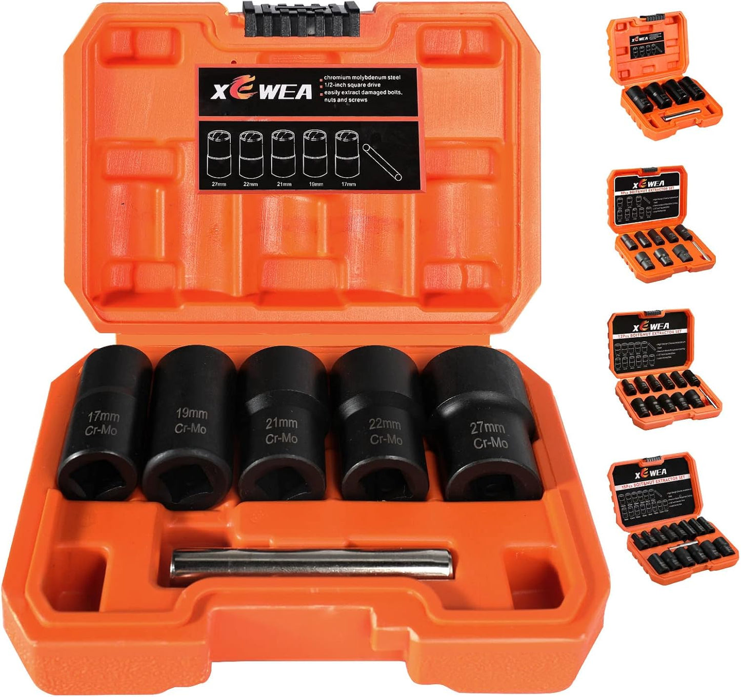XEWEA 15PCS 1/2" Drive Lug Nut Removal Tools, Striped Wheel Lock Removal Kit Easy Out Twist Socket Extractor Set for Damaged, Frozen, Rusted, Rounded-Off Bolts Nuts & Screws