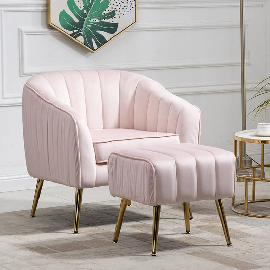 Velvet Accent Sofa Chair with Ottoman, Comfy Living Room Chairs with Adjustable Legs, Modern Upholstered Tufted Lounge Barrel Chair Ottoman Set for Bedroom, Home, Office (Pink)
