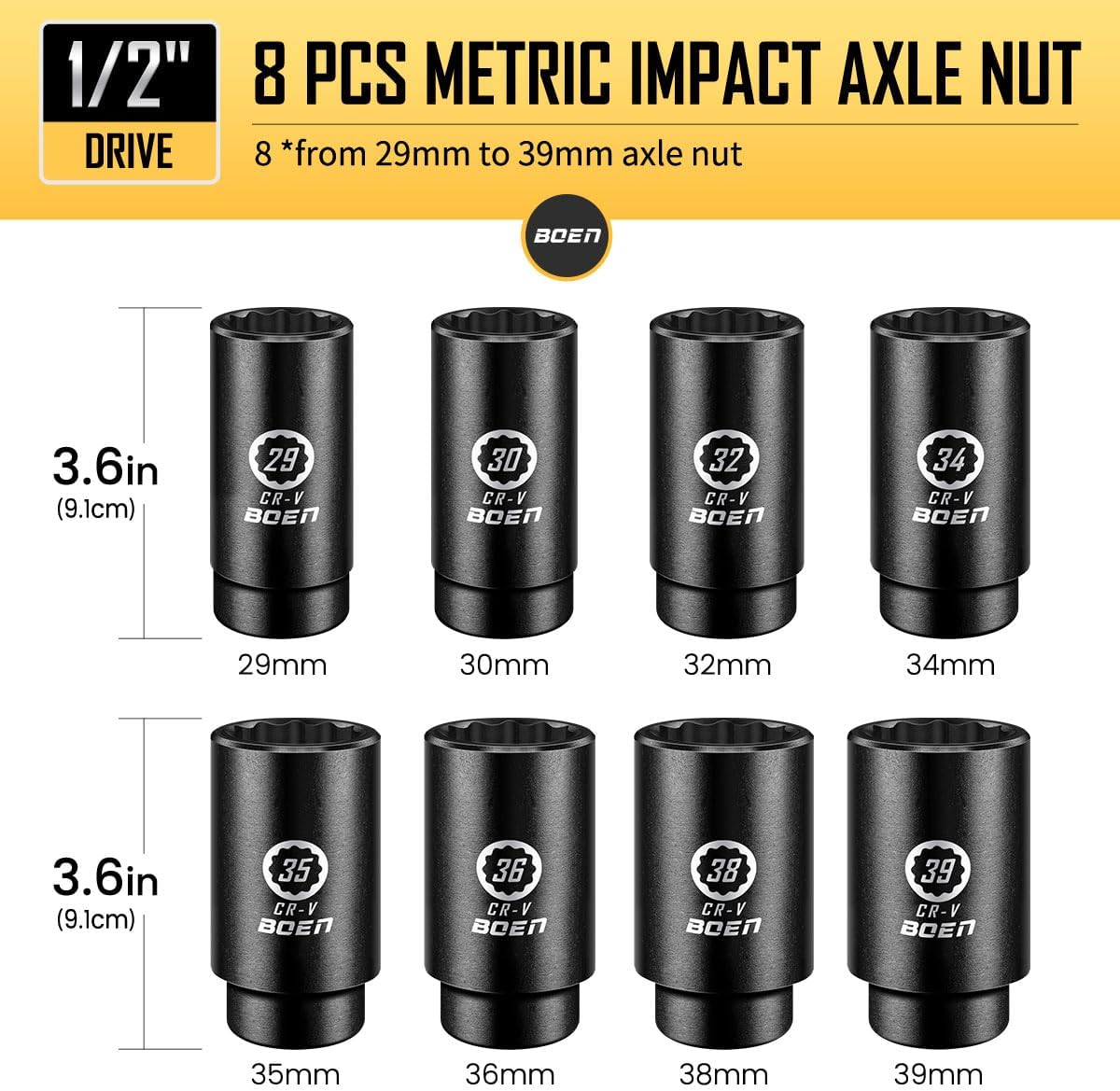 BOEN 8-Piece 1/2" Drive Deep Impact Socket Set, 12-Point Metric Spindle Axle Nut Large Socket Set, (29 mm, 30 mm, 32 mm, 34 mm, 35 mm, 36 mm, 38 mm, 39 mm), Chrome Vanadium Steel