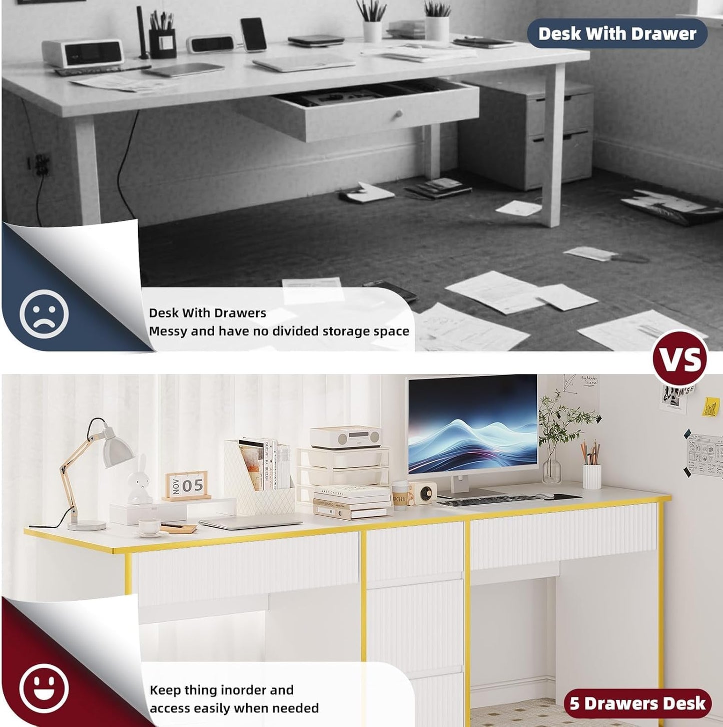 4 EVER WINNER Two Person White Desk with Drawers, 78.72 Inch Extra Long Computer Desk with 5 Storage Drawers, Study Writing Desk with Storage Shelves for Home Office, White and Gold Desk