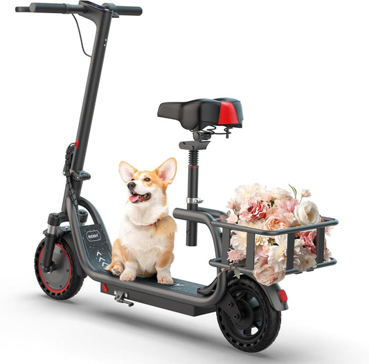 WERHY Electric Scooter with Seat & Basket, 350W Motor, 8.5'' Solid Tires, Top Speed 19mph, Max 16/27 Miles Ranges, Foldable E-Scooter with Suspension, Digital Display