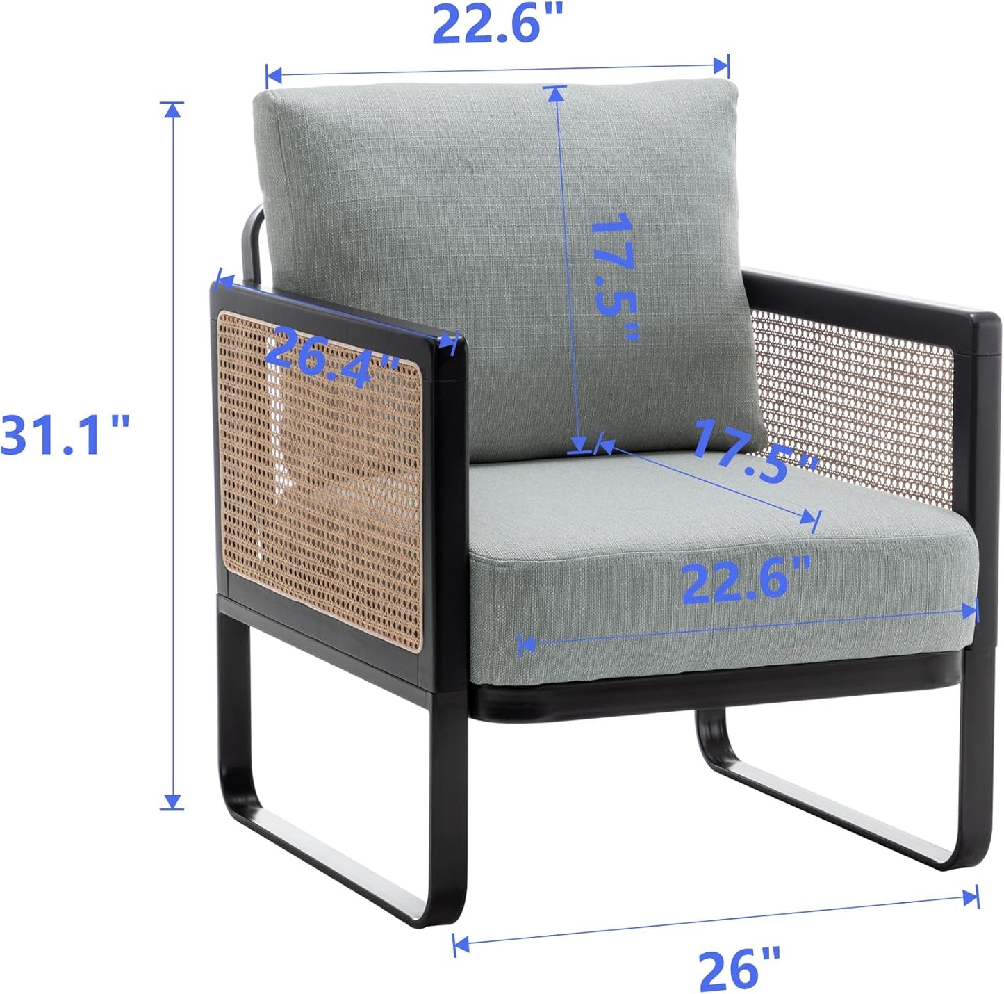 WENTMENT Rattan Accent Chairs Set of 2 Sofa Chair with Natural Rattan Armrest and Removable Backrest, Upholstered Living Room Chair Lounge Chair for Reception Room/Hosting Room/Bedroom(Grey)