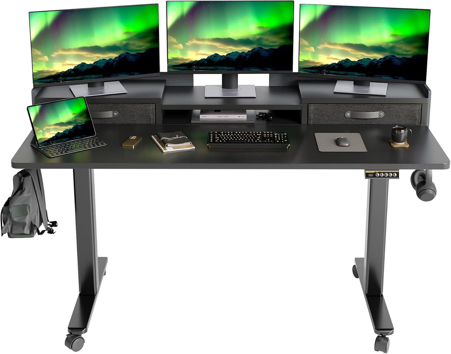 Claiks Standing Desk with Drawers, Adjustable Stand Up Electric Standing Desk Adjustable Height with Storage Shelf and Splice Board, 59 Inch, White