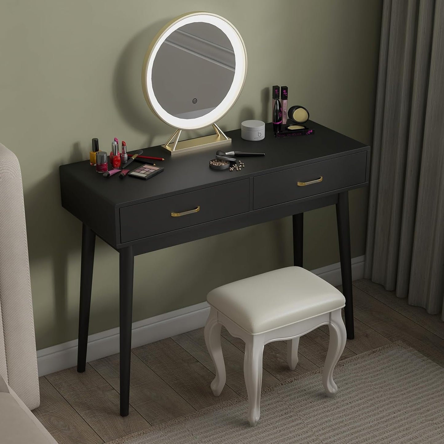 Black Small Writing Desk with Drawers, 40 Inch Writing Desk for Home Office, Vanity Desk with Solid Wood Leg for Small Spaces