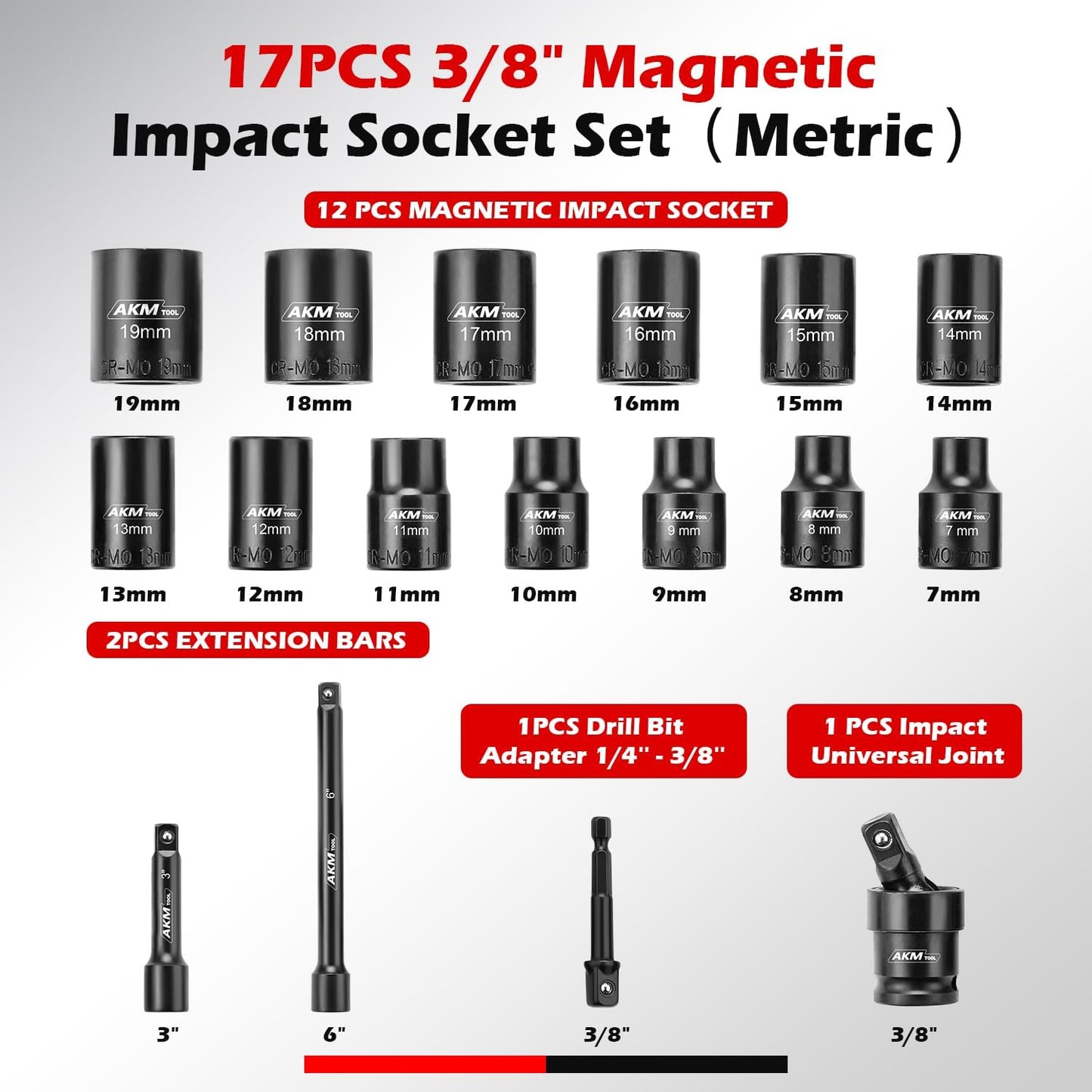 17PCS 3/8 Inch Drive Magnetic Impact Socket Set, Metric, 7mm-19mm, 6 Point, Cr-Mo, Square Drive, Magnetic Socket with Universal Joint, Drill Bit Adapter & Extension
