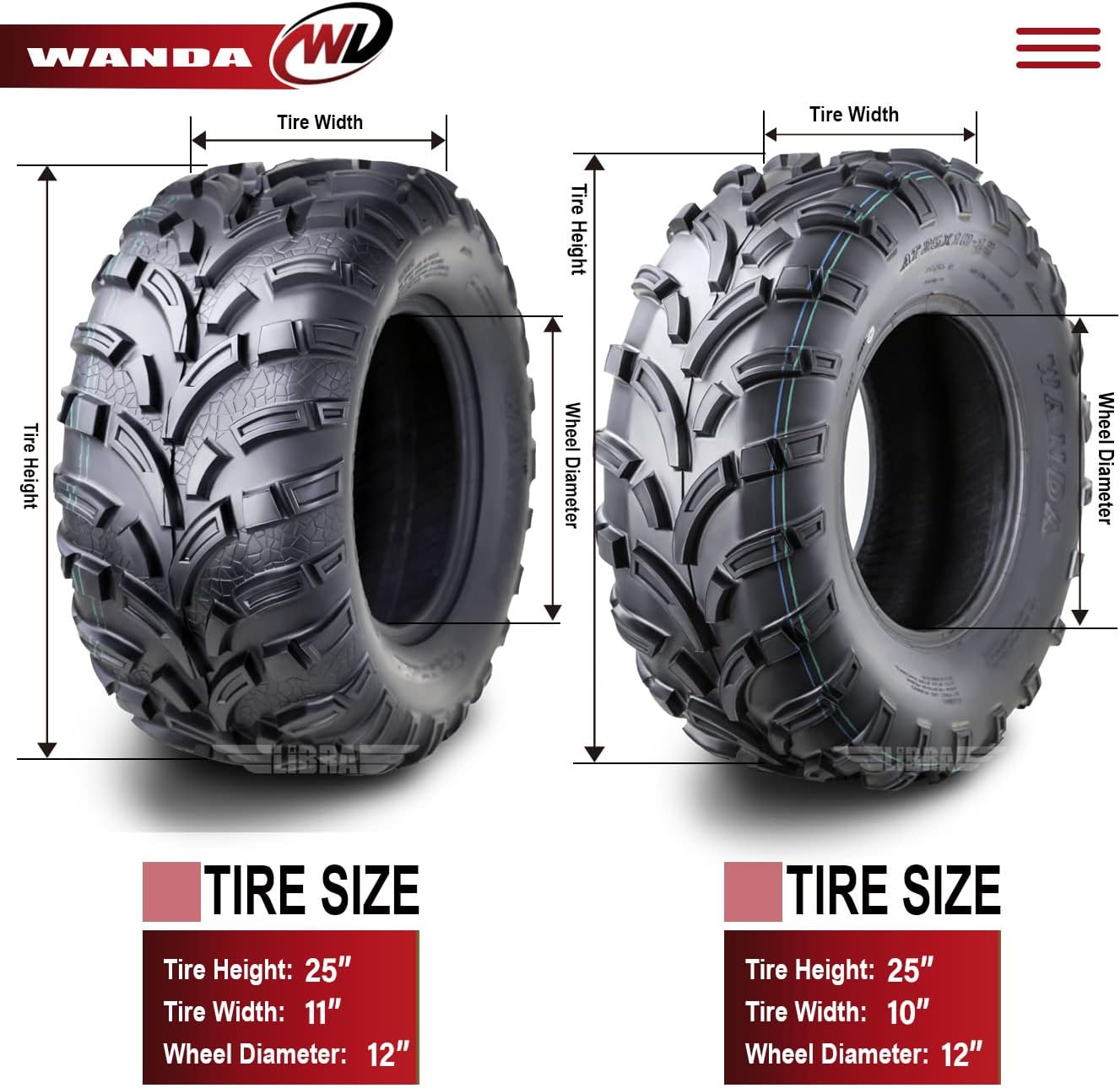 WANDA Set of 4 ATV Tires 25x10-12 & 25x11-12 for 05-09 Polaris Ranger 2X4/4X4/XP