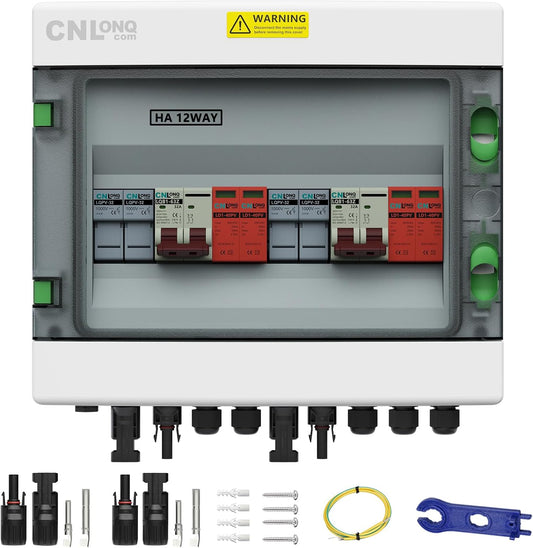 2 String Solar PV Combiner Box 2 in 2 Out IP65 DC500V 32A Circuit Breaker with Surge Protector and 15A PV Fuse,Solar Disconnect Switch Outdoor Waterproof for Solar Panels System