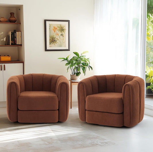 SUNWAVE Swivel Accent Chair Set of 2, 360-degree Swivel Barrel Chair with Teddy Upholstery, Comfy Pumpkin-Shaped Accent Chair for Living Room, Bedroom, or Office (2, Brown, 37")