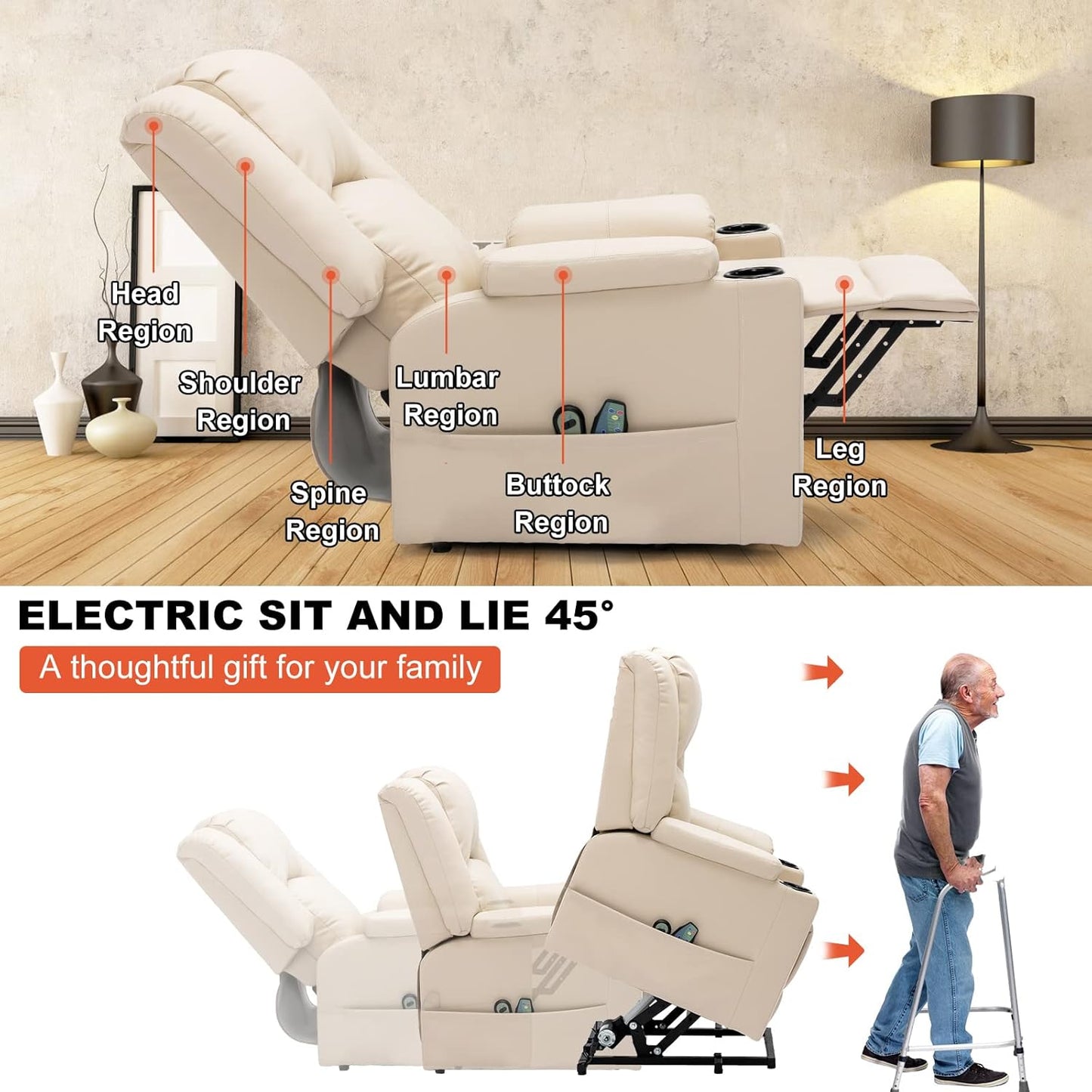 COMHOMA Power Lift Recliner for Elderly,Lift Chair with Heat and Massage,PU Recliner Sofa with Timing Function 2 Side Pockets,Cup Holders and Infinite Position for Living Room (White)