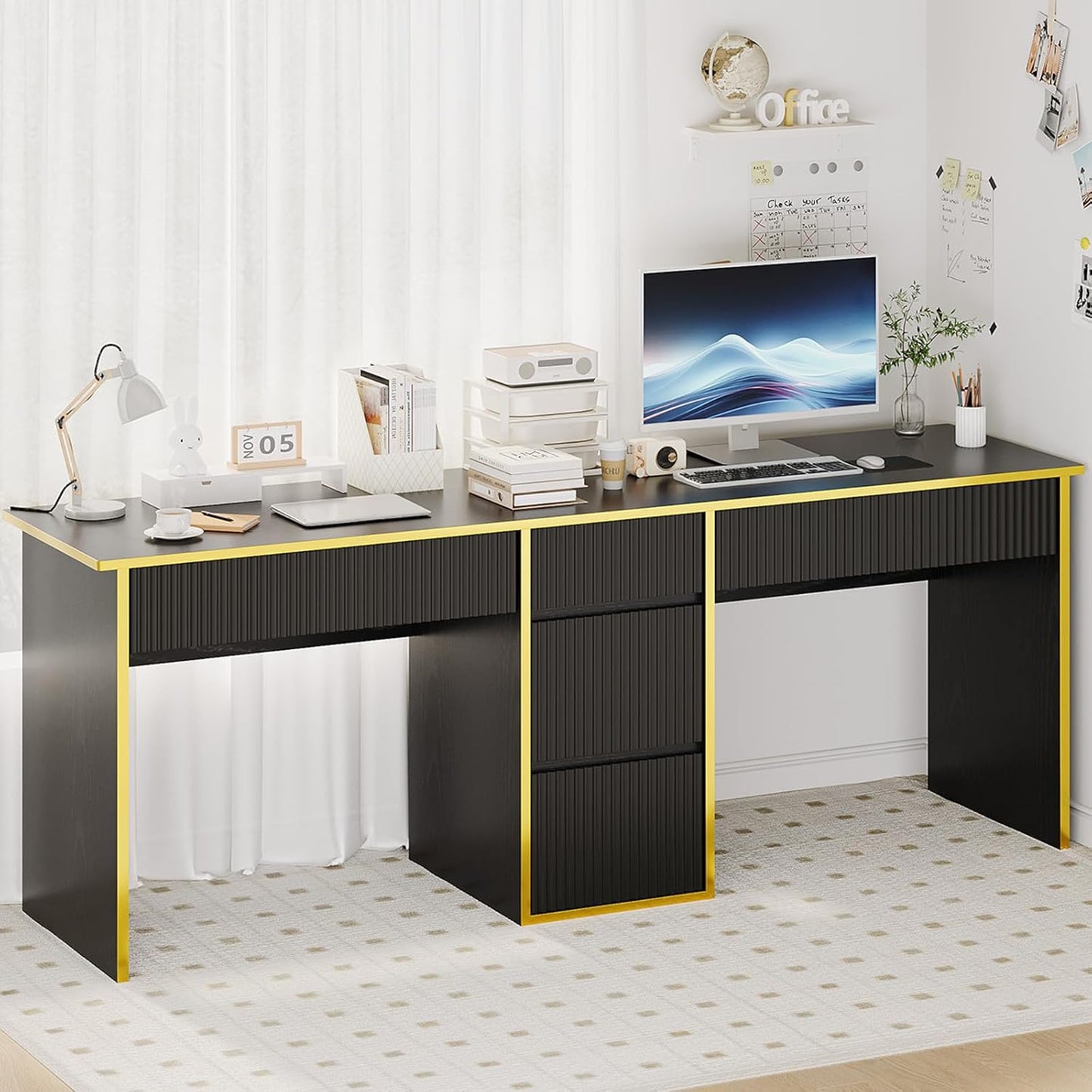 4 EVER WINNER Two Person White Desk with Drawers, 78.72 Inch Extra Long Computer Desk with 5 Storage Drawers, Study Writing Desk with Storage Shelves for Home Office, White and Gold Desk