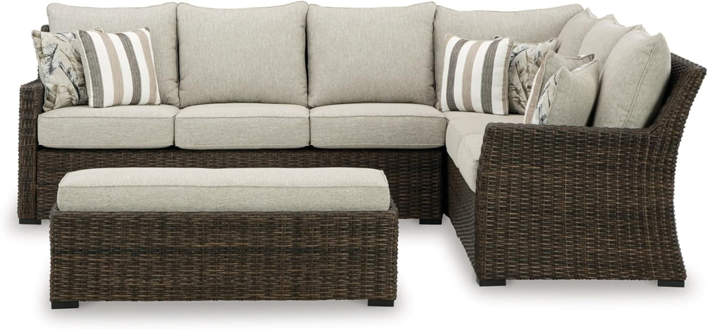 Signature Design by Ashley Brook Ranch Casual Weather Resistant Right Hand Facing Outdoor Sofa Sectional/Bench with Cushion and 6 Throw Pillows, Set of 3, Beige & Dark Brown