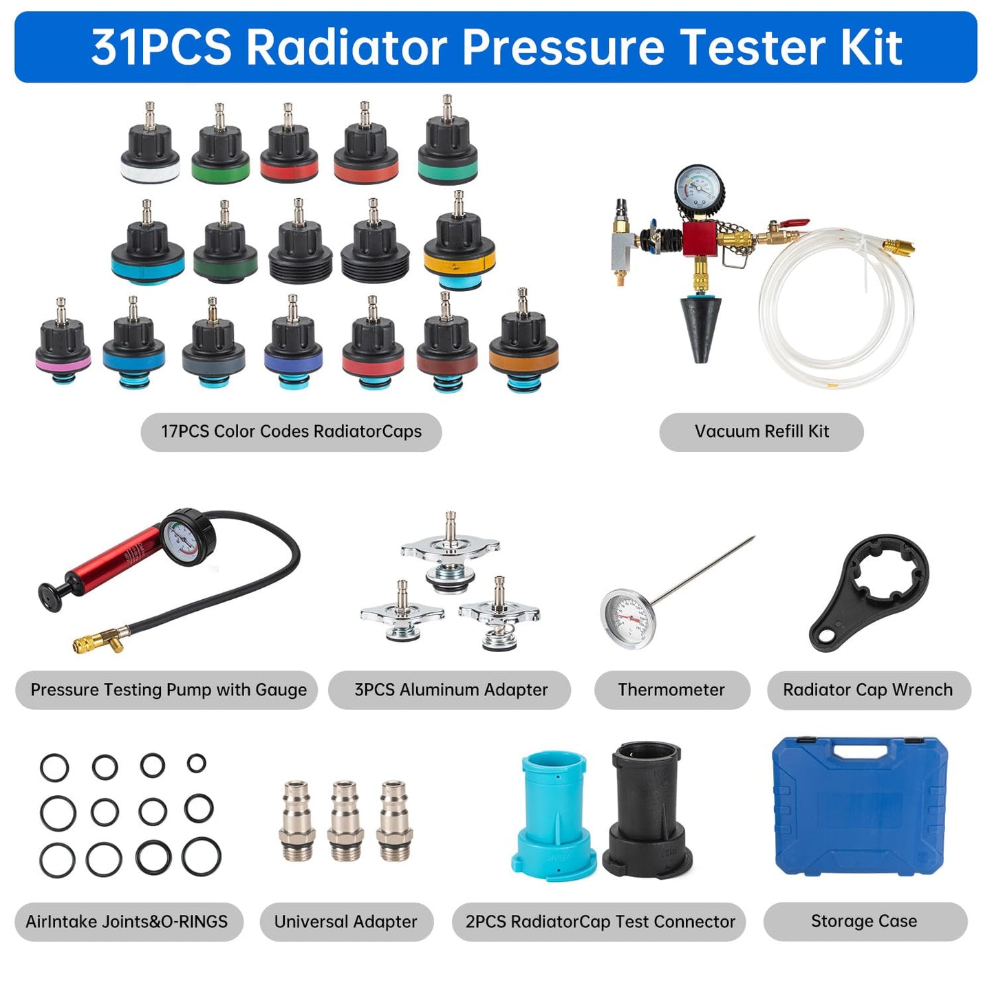 31PCS Radiator Coolant Pressure Tester Kit, Cooling System Radiator Leak Tester and Vacuum Refill Kit for Automotive Cooling System Water Tank Leakage Detection