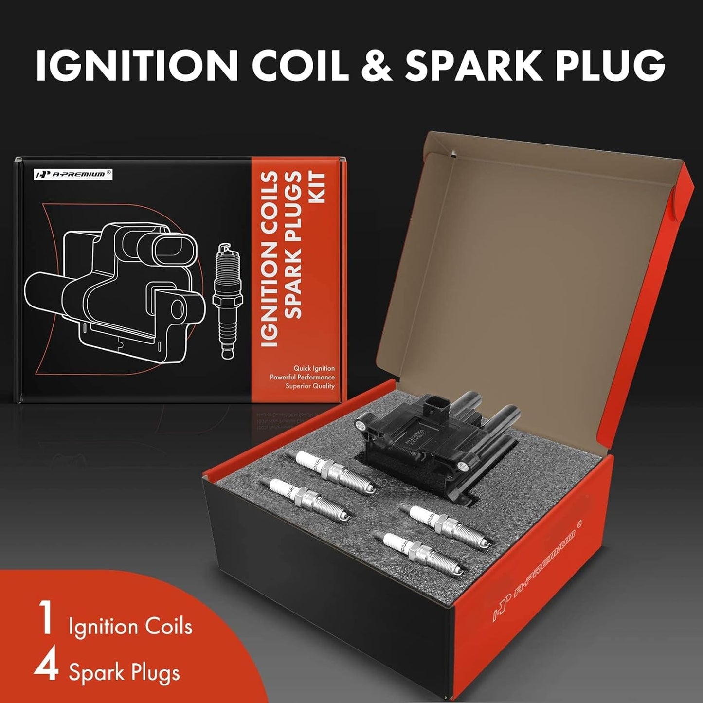 A-Premium +1x Ignition Coil Pack and 4x Iridium Spark Plugs Compatible with Ford Fiesta 2011-2019, 1.6L, Naturally Aspirated