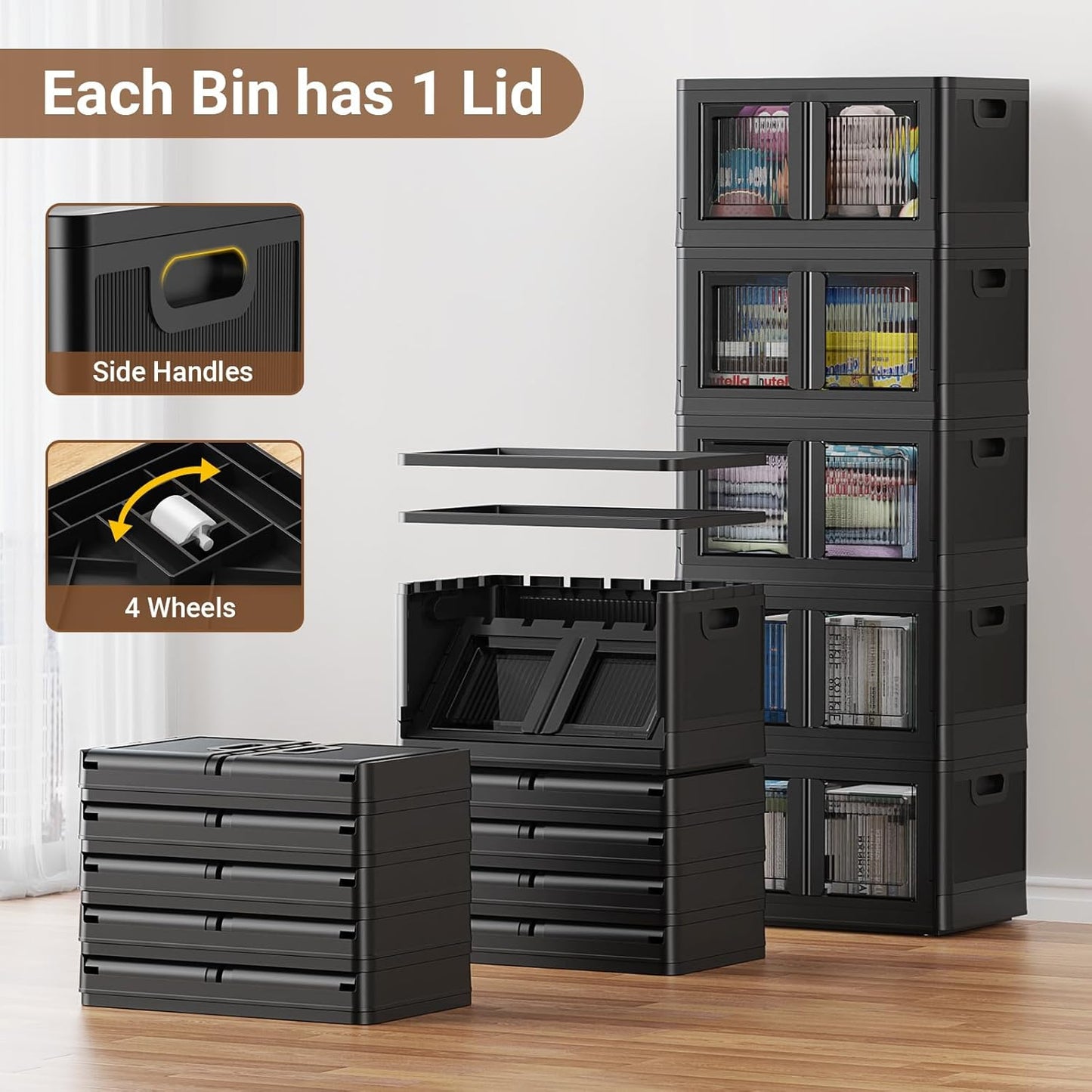 100QT Stackable Storage Bins With Lids, 25Gal Plastic Boxes With Wheels and Doors, Heavy-Duty Folding Closet Organizers, Cabinet for Closet Home Dorm, 1 Pack Black