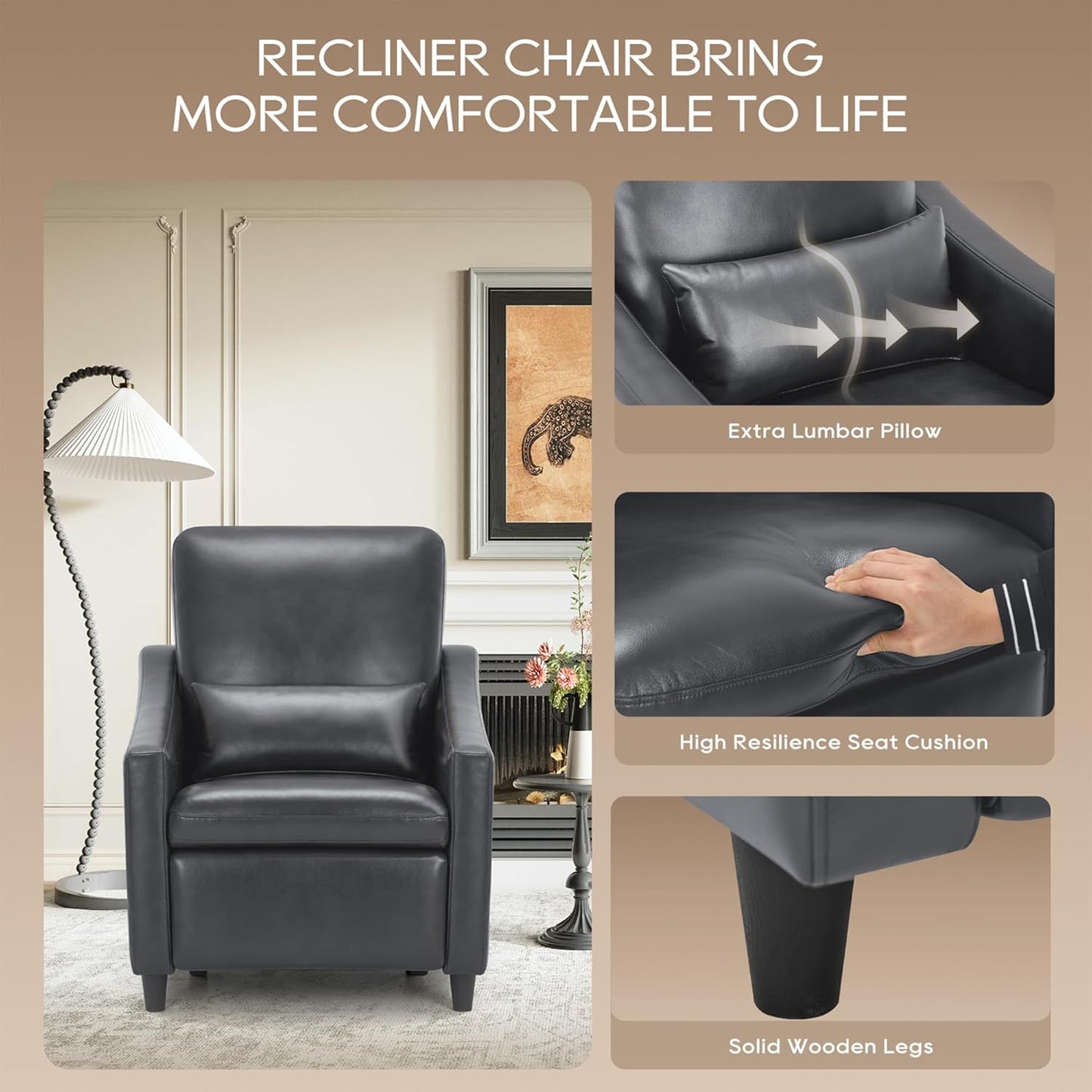 COLAMY Pushback Electric Recliner Chair, Premium Leather Upholstery with Adjustable Angles, Extra Lumbar Pillow, Built-in Charging Port, Business-Casual Style for Living Room,Grey