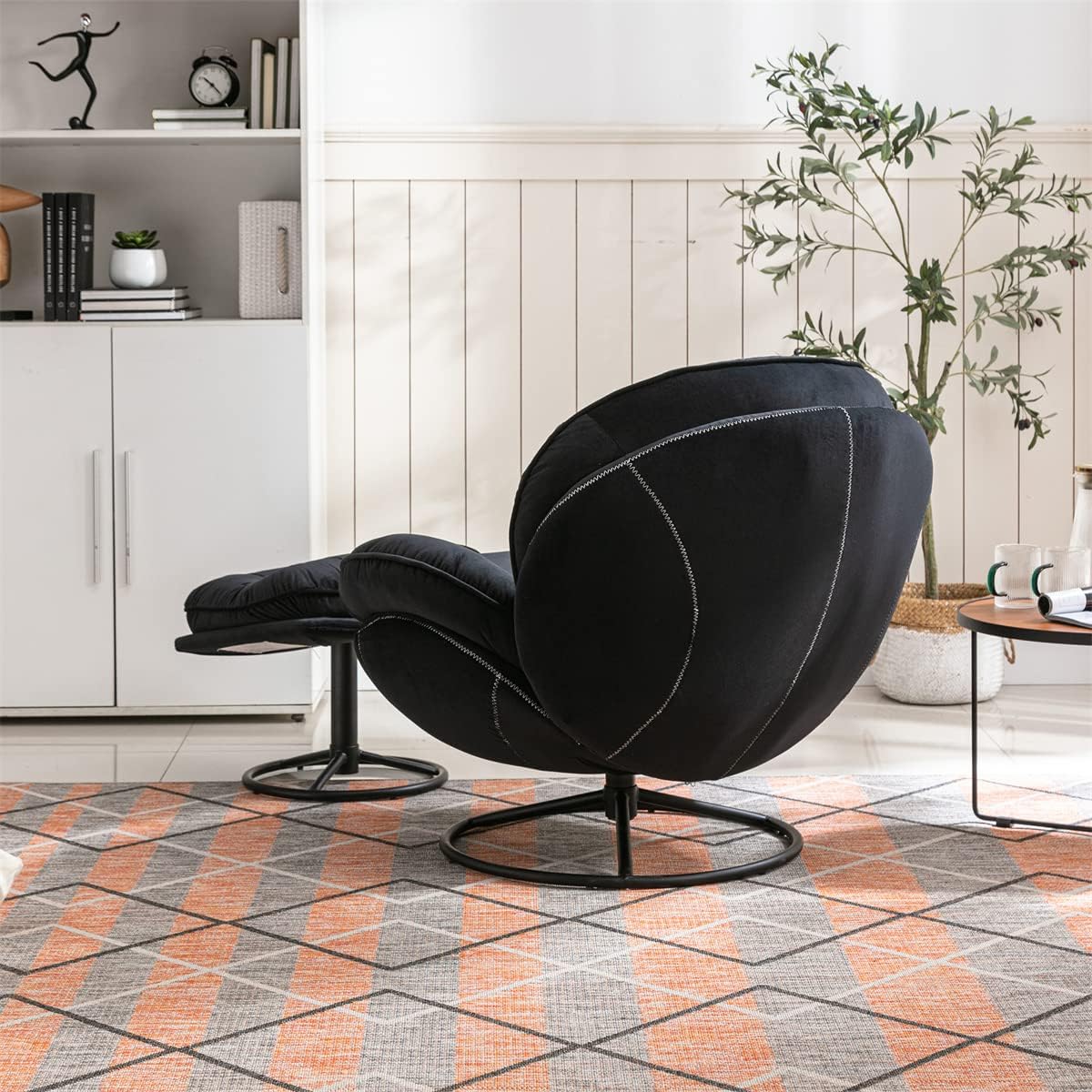 TRIPLE TREE Modern Swivel Accent Chair, Mid-Century Lounge Chair and Ottoman Set, Velvet Upholstered Button Tufted Recliner Chair, Reading Chair with Footrest for Living Room Indoor Bedroom, Black