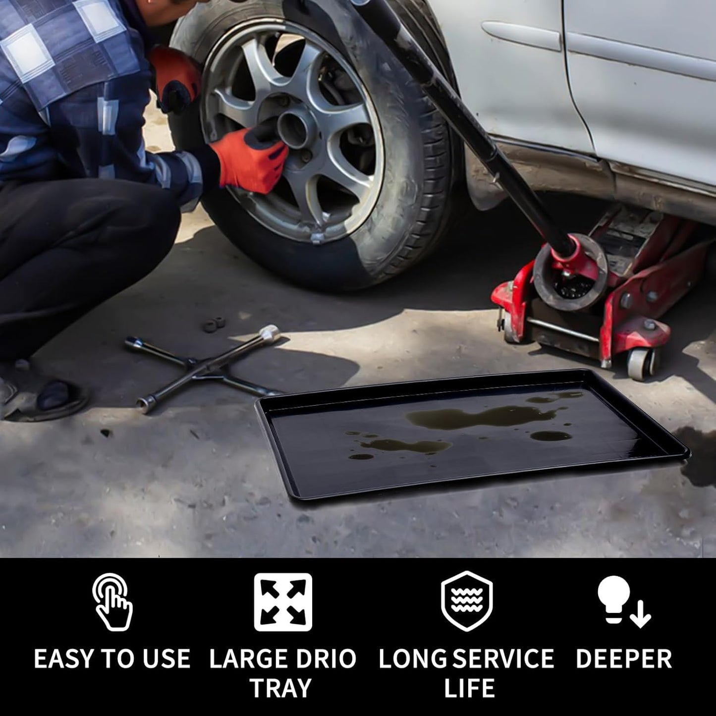 3 Pcs Extra Large Oil Drip Pan for Car - 35.4 x 24 x 1.5 Inches Plastic Auto Oil Catch Tray with 2 Pairs of Gloves, Engine Oil Spill Catcher for Garage, Leak Prevention & Easy Storage
