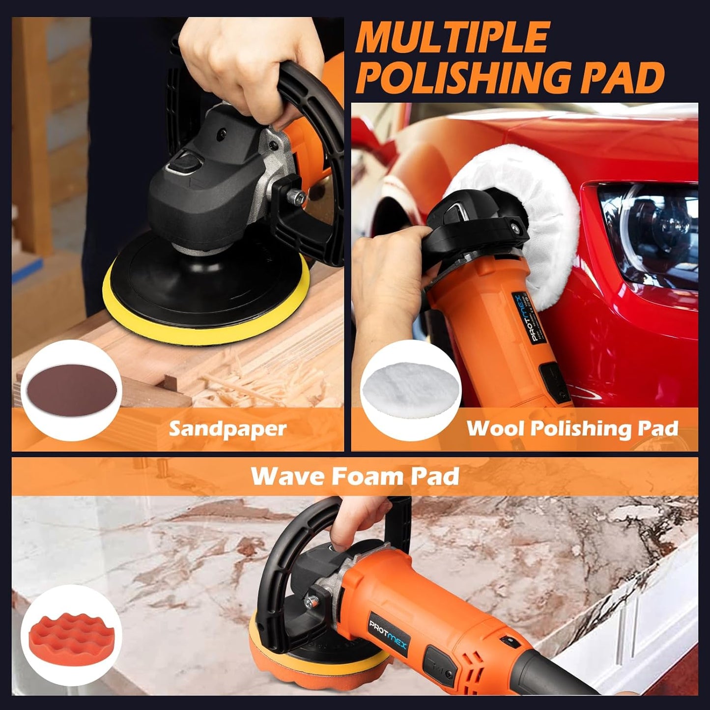 Buffer Polisher,1600W 7 Inch/6 Inch Rotary Buffer Polisher Waxer, 8 Variable Speeds 500-3500 RPM,Car Buffers and Polishers Kit, Detachable Handle for Car, Boat, Polishing, Waxing