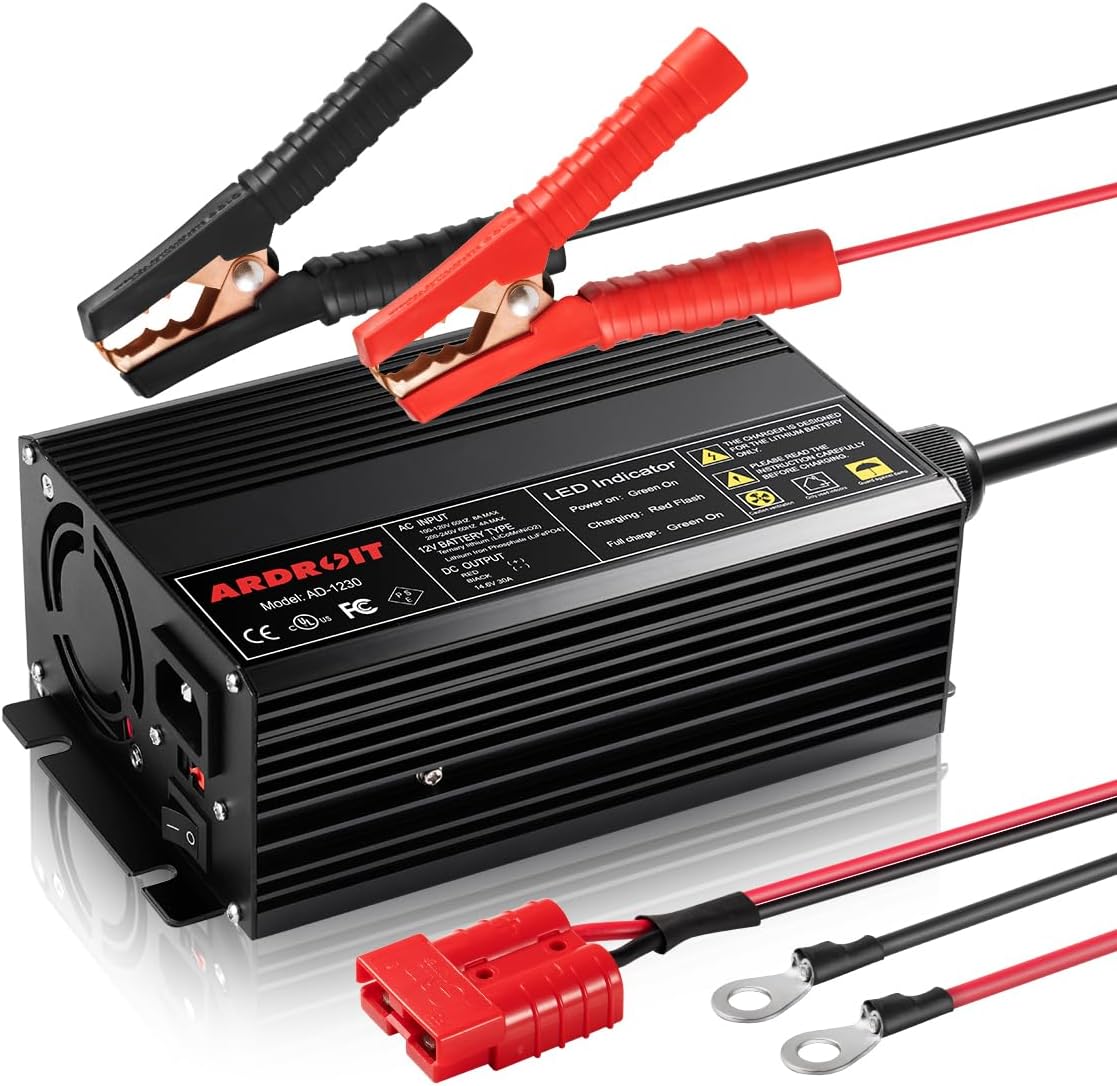 14.6V 30A Lithium Battery Charger, LiFePO4 Battery Charger AC-DC Smart Charger with Intelligent Trickle Charging, Cooling Fan, Switch, Dual Connection, Automatic Battery Maintainer