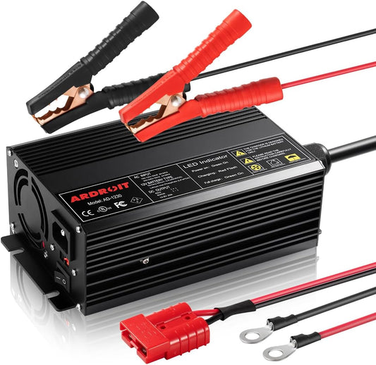 14.6V 30A Lithium Battery Charger, LiFePO4 Battery Charger AC-DC Smart Charger with Intelligent Trickle Charging, Cooling Fan, Switch, Dual Connection, Automatic Battery Maintainer