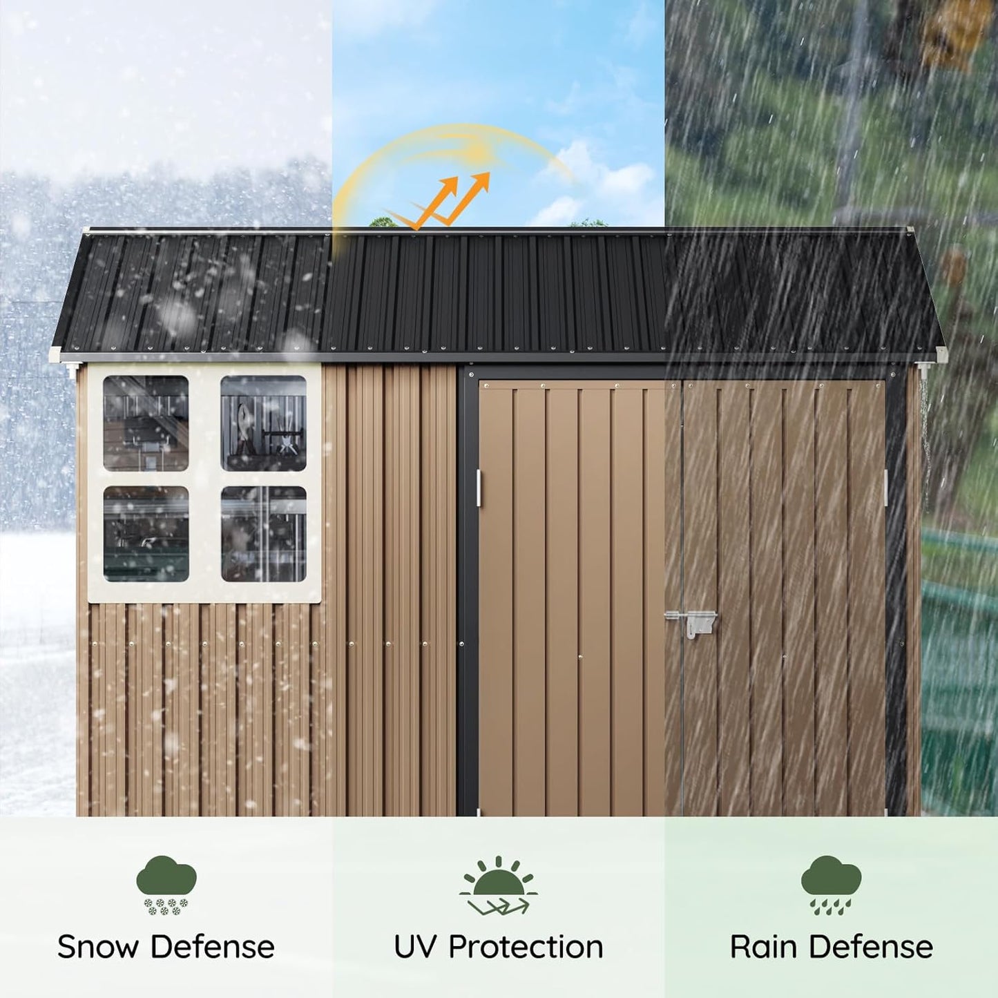 8x6 FT Outdoor Metal Storage Shed with Floor Frame, Double Doors, 1 Clear Window, Tool Shed for Garden, Patio, Backyard Brown