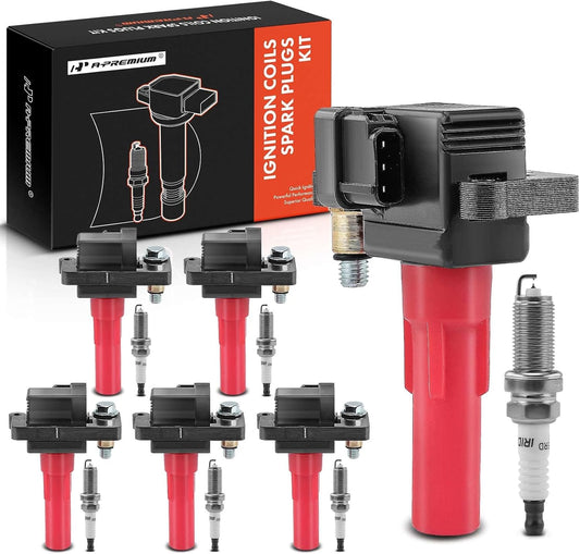 A-Premium (Red) Ignition Coils and Spark Plugs Kits Compatible with Subaru Outback 2001-2009, Legacy 2008-2009, Tribeca 2008-2009, B9 Tribeca 2006-2007, 3.0L 6-PC Set