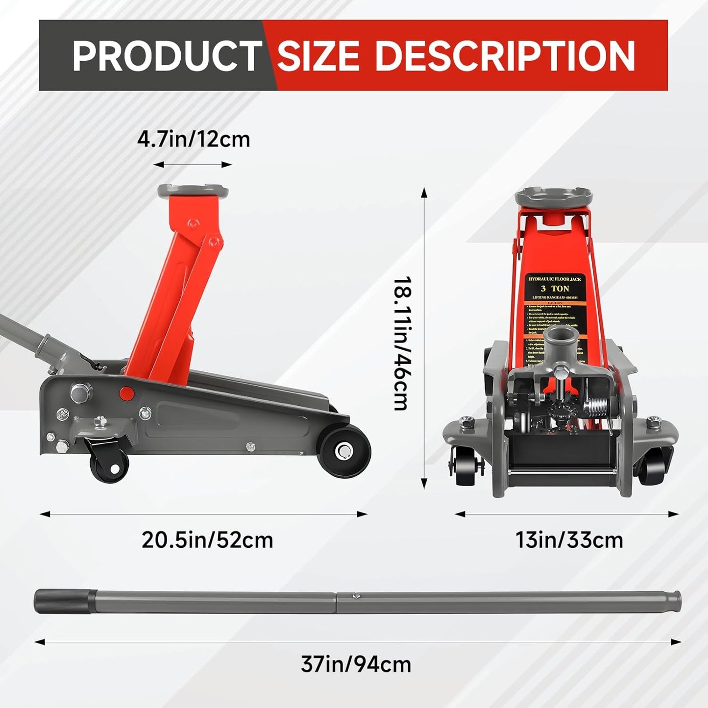 3 Ton Floor Jack,6600 LBS Heavy Duty Hydraulic Floor Jack with Wheels,Lift Range:5.31'' -18.11'',Carbon Steel Material,Suitable for Home,Garage and Repair Shops,Red