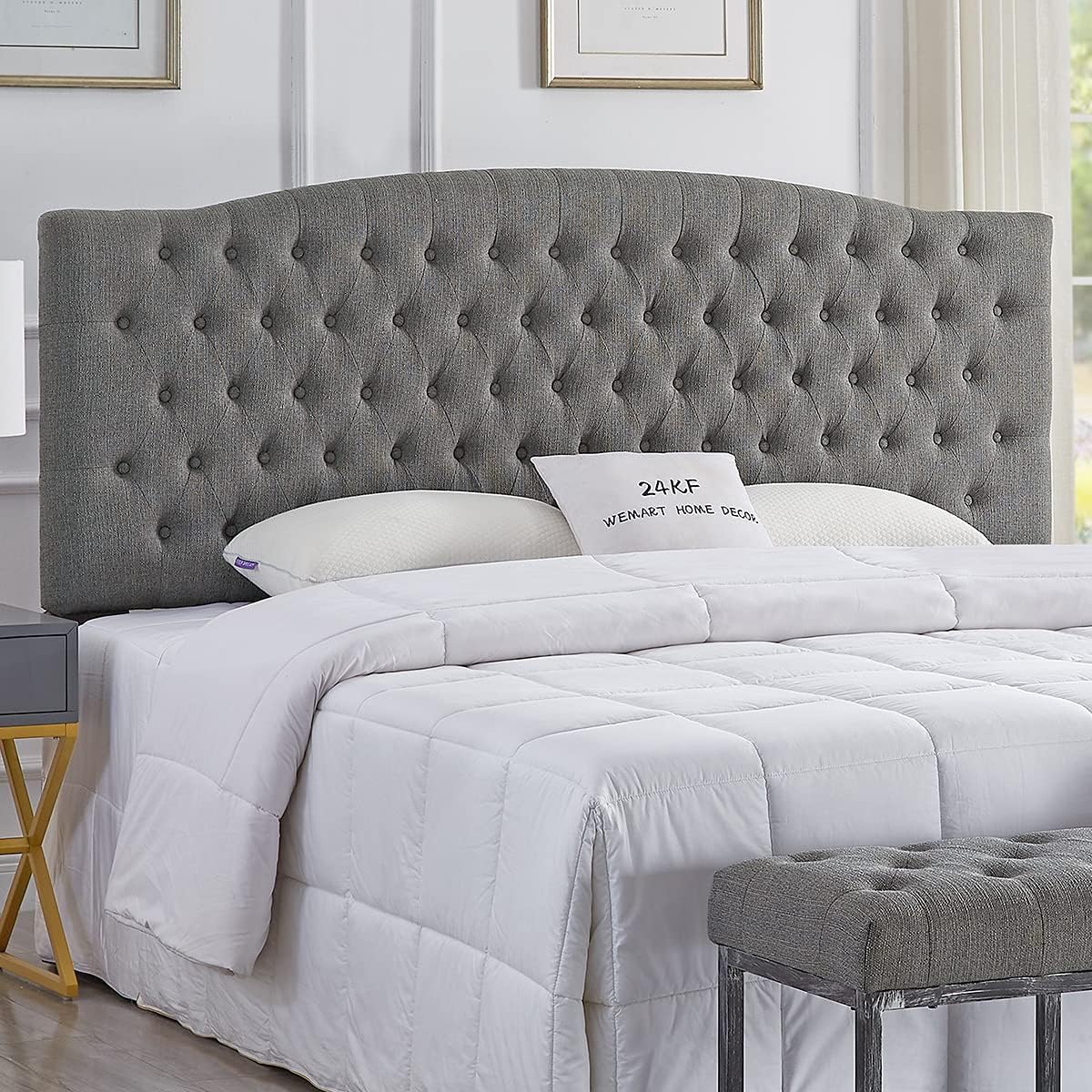 24KF Upholstered Tufted Button Linen Fabric Headboard,Comfortable Fashional Headboard King/CA King Size,Ivory