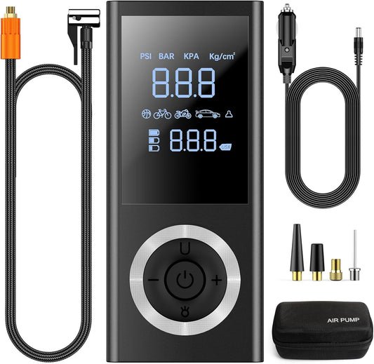 Tire Inflator Portable Air Compressor, Cordless Air Pump for Car Tires with Digital Pressure Gauge, LED Light,12V Car Power Adapter, Storage Box