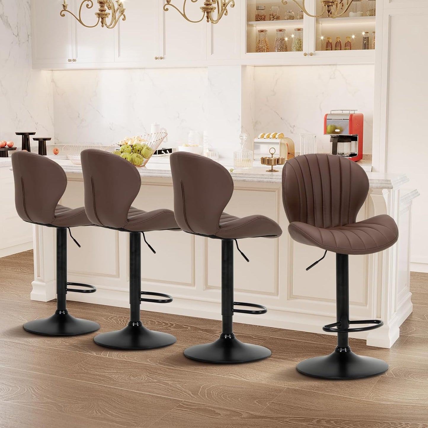 COLAMY Bar Stools Set of 2, Modern Swivel Bar Chairs, Adjustable Faux Leather Upholstered Barstools Counter Height with High Backrest for Bar, Kitchen Island, Dining Room, Black