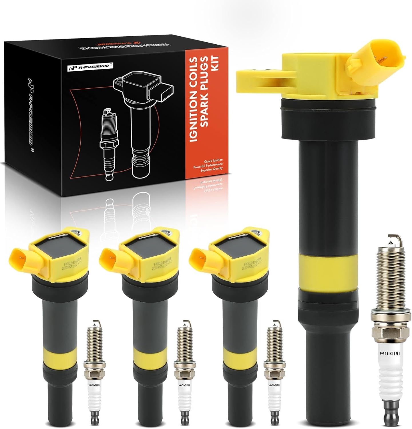 A-Premium (Yellow) Set of 8 Ignition Coil Pack and Iridium Spark Plugs Compatible with Hyundai Elantra 2012-2016, Elantra Coupe, Elantra GT, Tucson & Kia Soul, Forte, Forte Koup, Forte5, Rondo