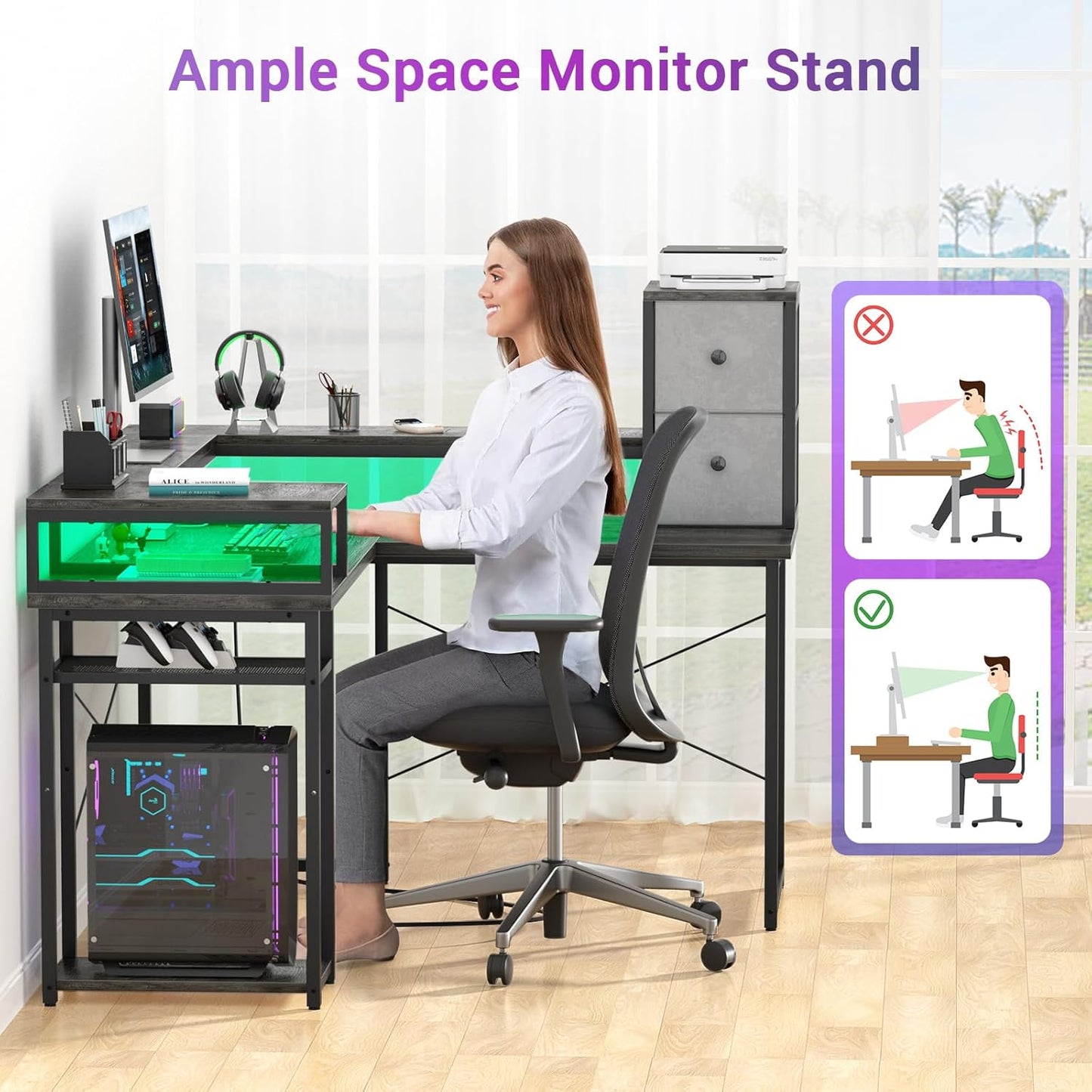 armocity L Shaped Desk with Drawers, Reversible Corner Computer Desk with LED Light & Power Outlet, 55.2'' L-Shaped Gaming Desk with Long Monitor Shelf, Home Office Desk for Small Corner Space, Grey