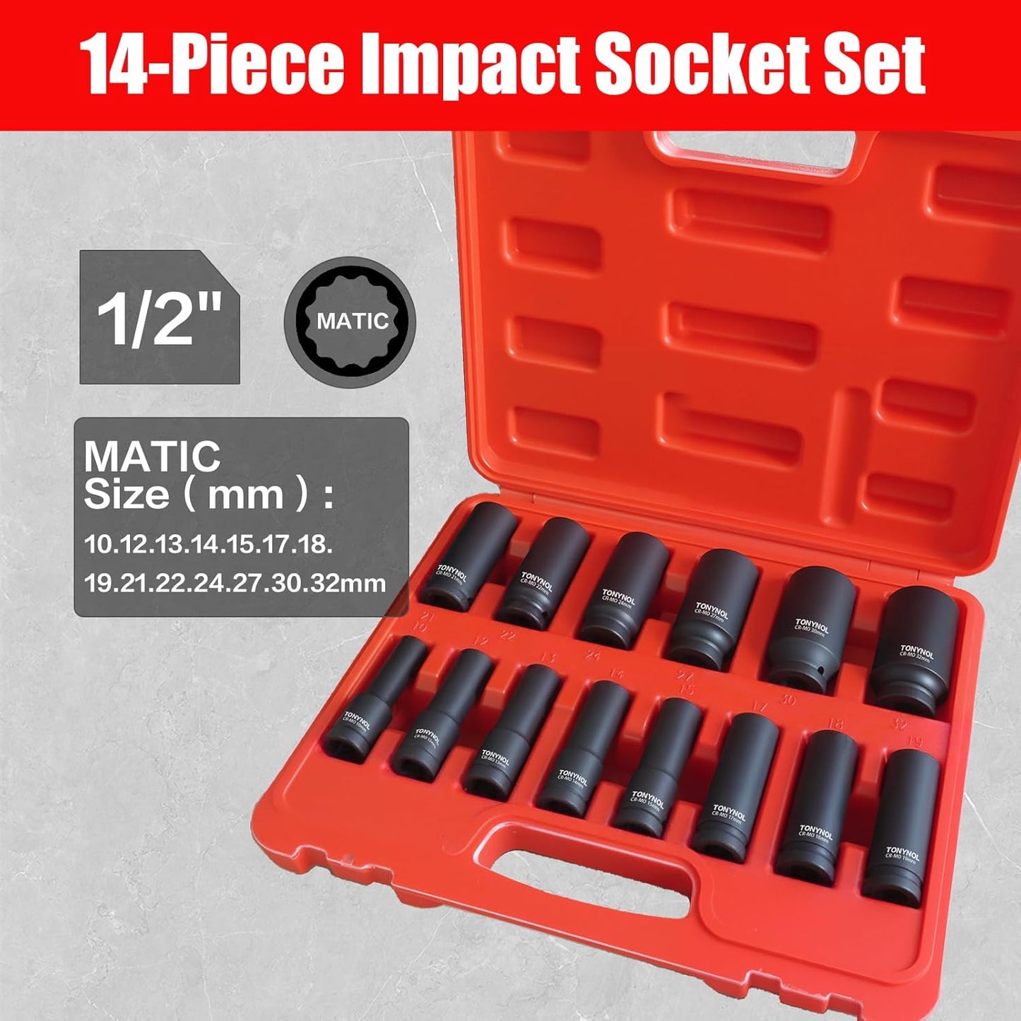 1/2 Inch Deep Drive Impact Socket Set,12-Point,Metric (10mm-32mm),14 Pcs,Cr-Mo Steel,With a Storage Case