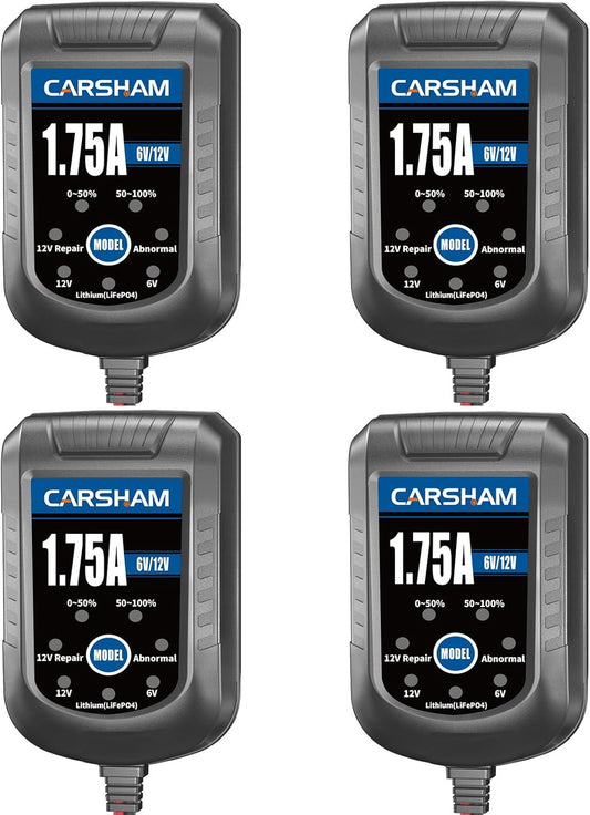 [4-Pack] CARSHAM Trickle Battery Charger 6V 12V Smart Float Charger Automatic Maintainer for Car Motorcycle Lawn Mower Tractor Automotive ATV Lead Acid and Lithium Batteries