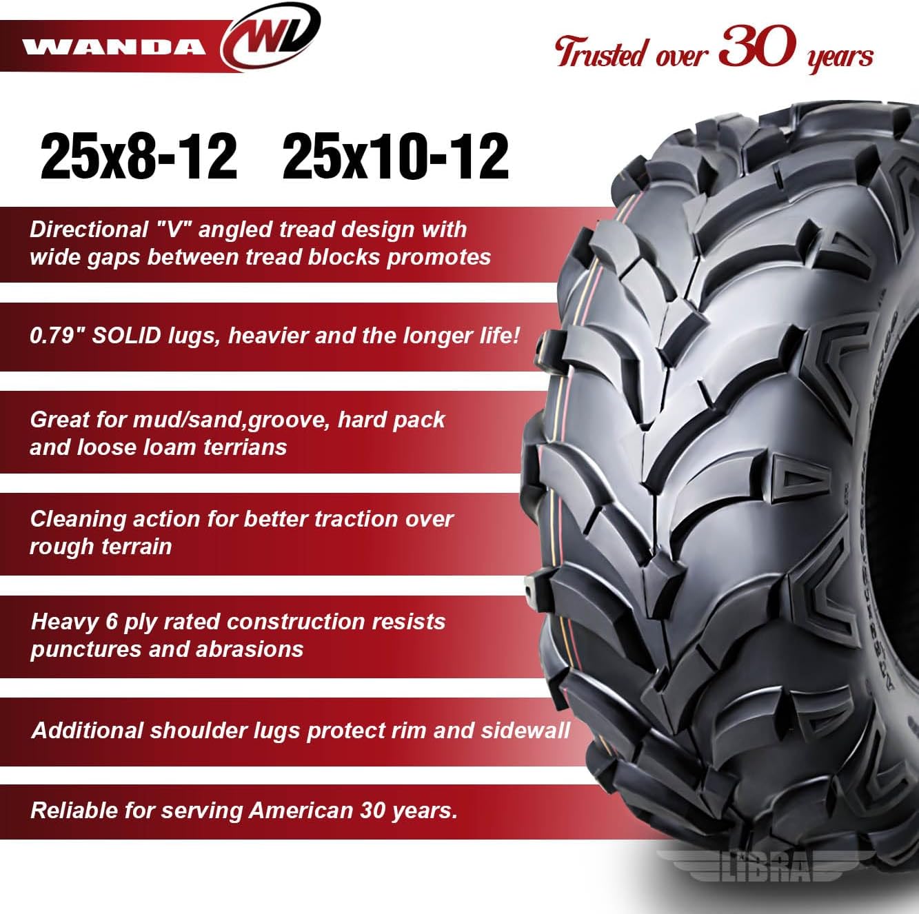WANDA Set of 4 ATV/UTV Tires 25X8-12 25X10-12 P341 Solid Deep Tread for 2005-2014 HONDA FOREMAN 500